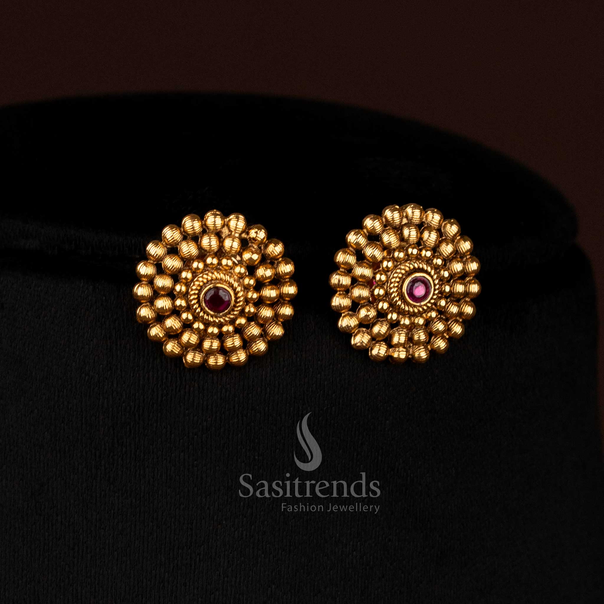 Premium Temple Matte Gold Plated Round Floral Necklace Jewellery Set with AD Stones for Festivals - Image 5