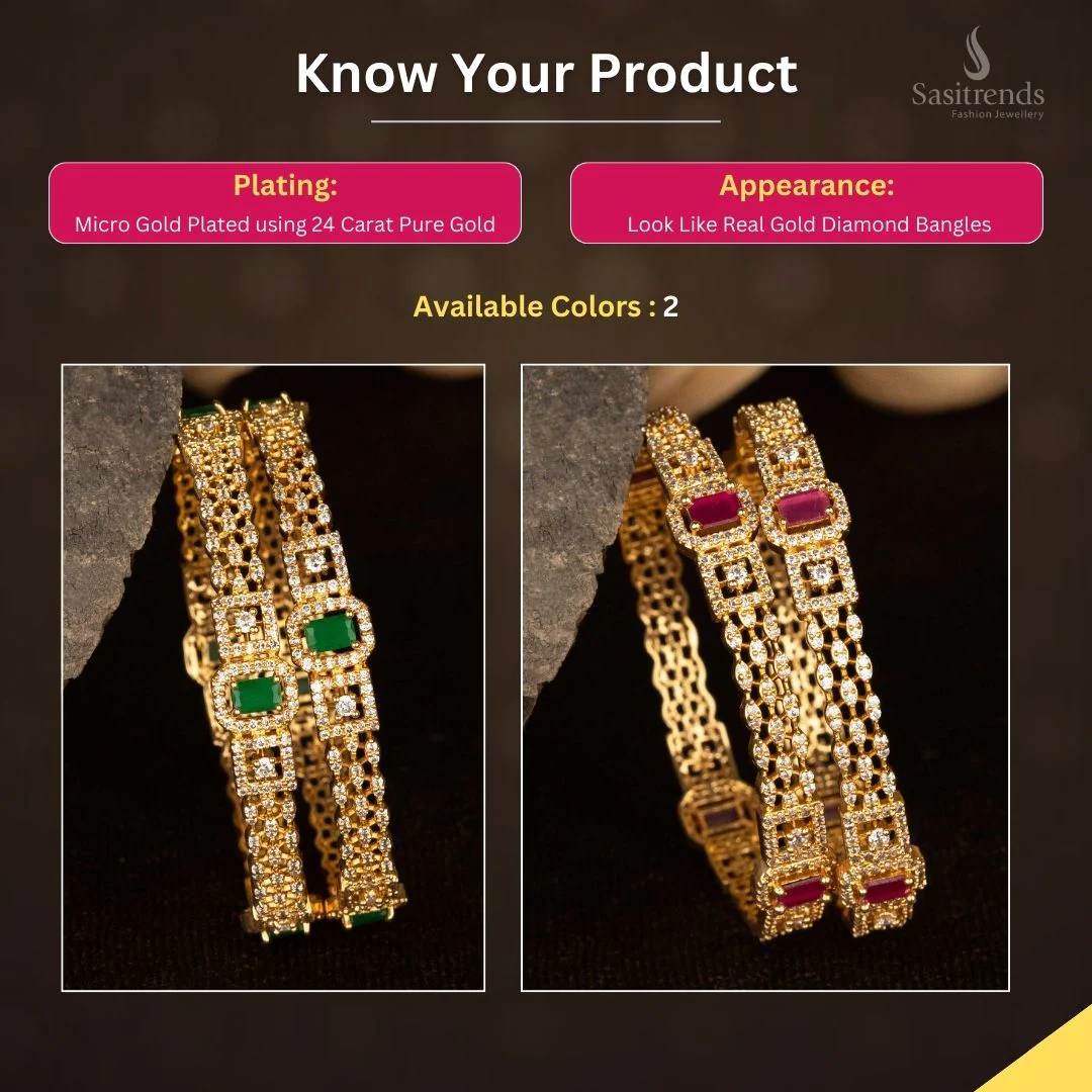 Charming American Diamond Micro Gold Plated Three-Line Bangles with Center Rectangular, Square & Marquise Stone Design – Look Like Real Gold - Sasitrends - Image 2