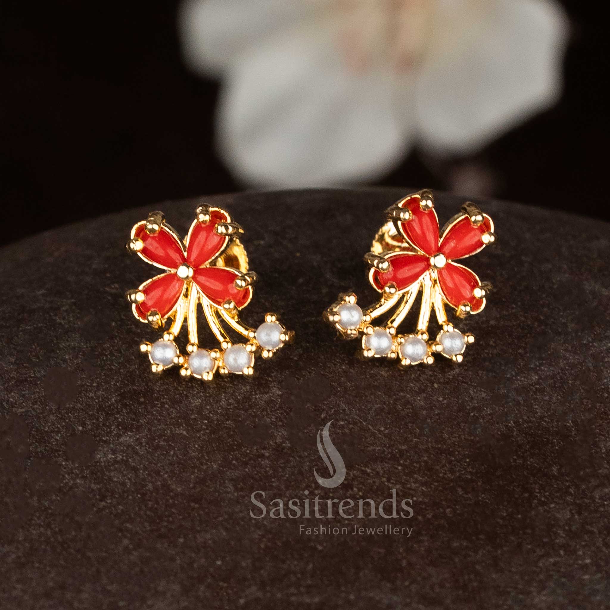 Charming Guaranteed Micro Gold Plated Pearl Pavalam Navarathnam Butterfly Wings Four Petal Stud Earrings for Festive Wear - Image 2