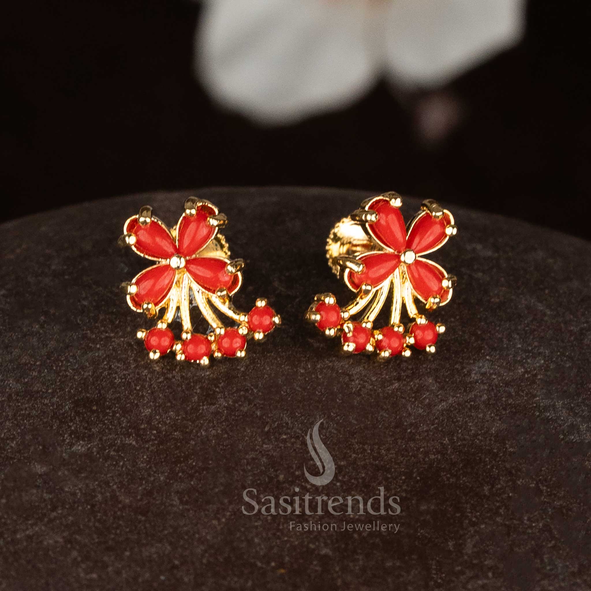 Charming Guaranteed Micro Gold Plated Pearl Pavalam Navarathnam Butterfly Wings Four Petal Stud Earrings for Festive Wear - Image 3