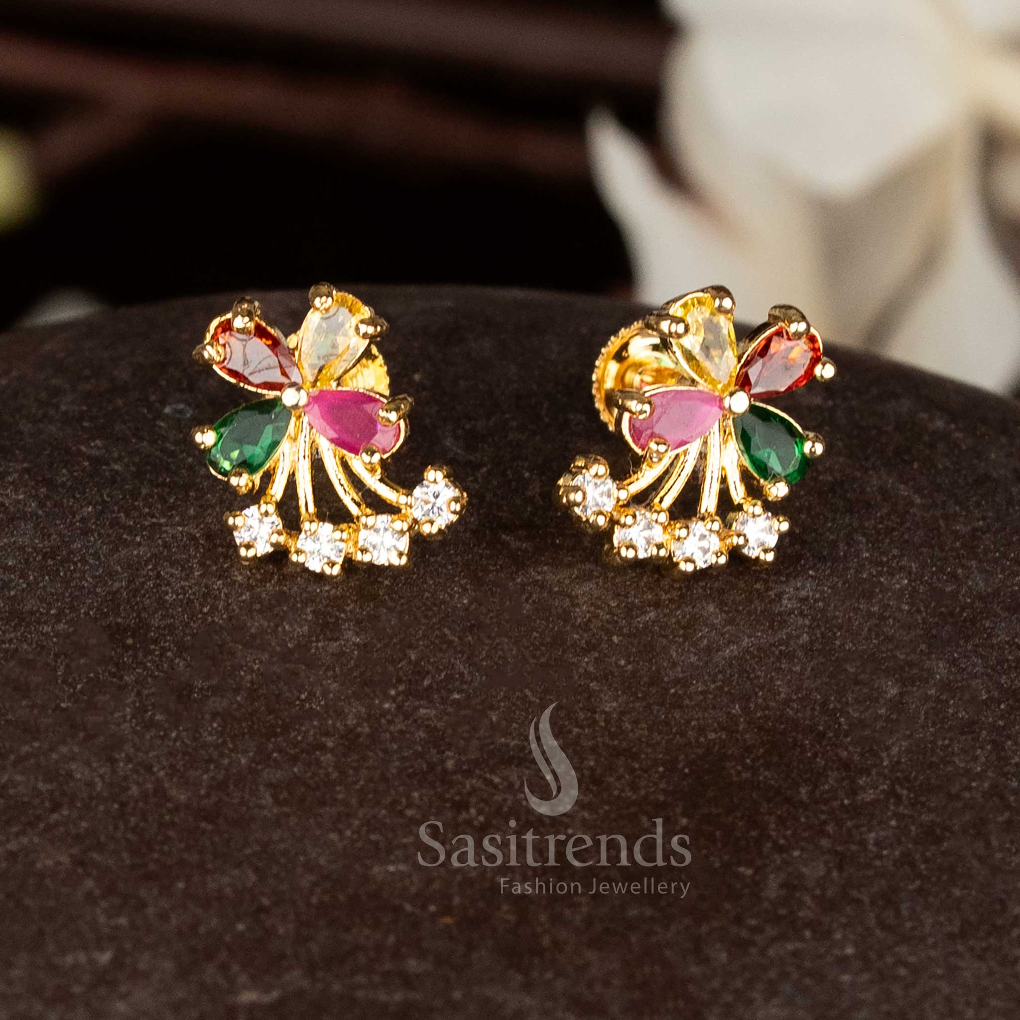Charming Guaranteed Micro Gold Plated Pearl Pavalam Navarathnam Butterfly Wings Four Petal Stud Earrings for Festive Wear - Image 4