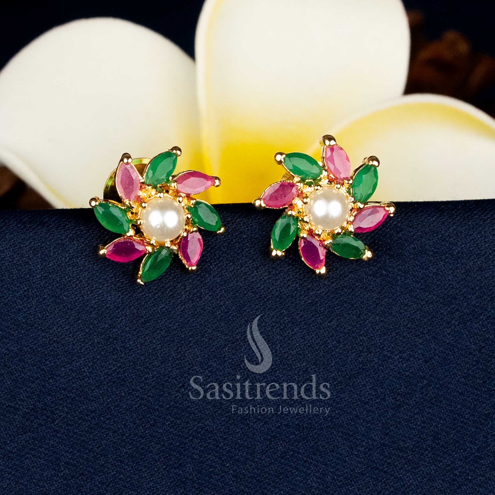 Charming Micro Gold Plated Petal Flower AD Stone Stud Earrings with Pearls for Family Gatherings and Festive Looks - Image 2