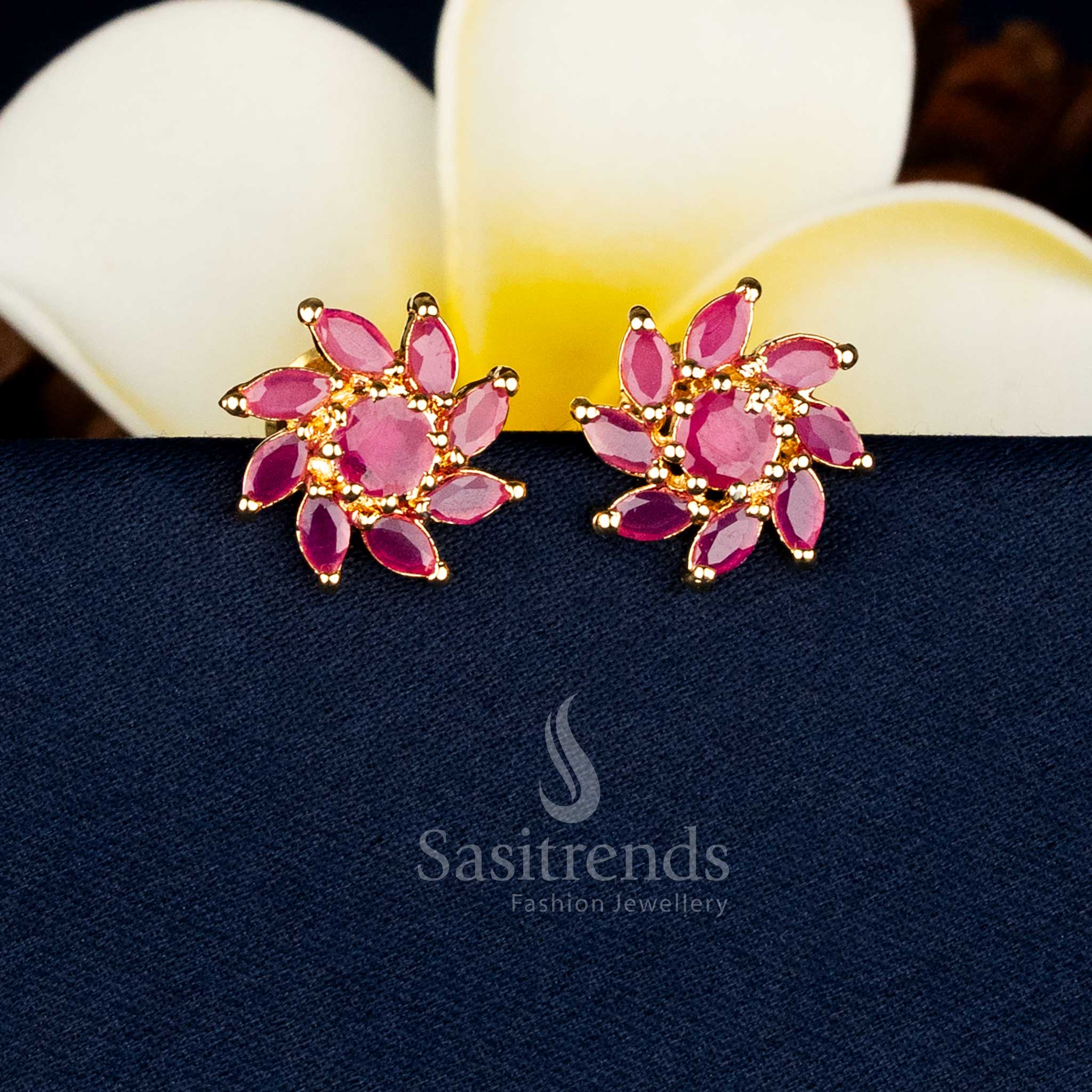 Charming Micro Gold Plated Petal Flower AD Stone Stud Earrings with Pearls for Family Gatherings and Festive Looks - Image 3