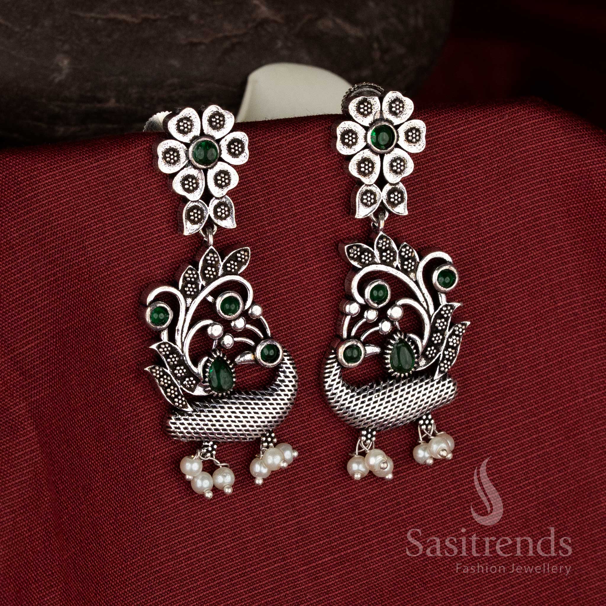 Charming Oxidised Silver Floral Pearl Peacock Earrings with Pearl Drops for Navarathri Wear - Image 4