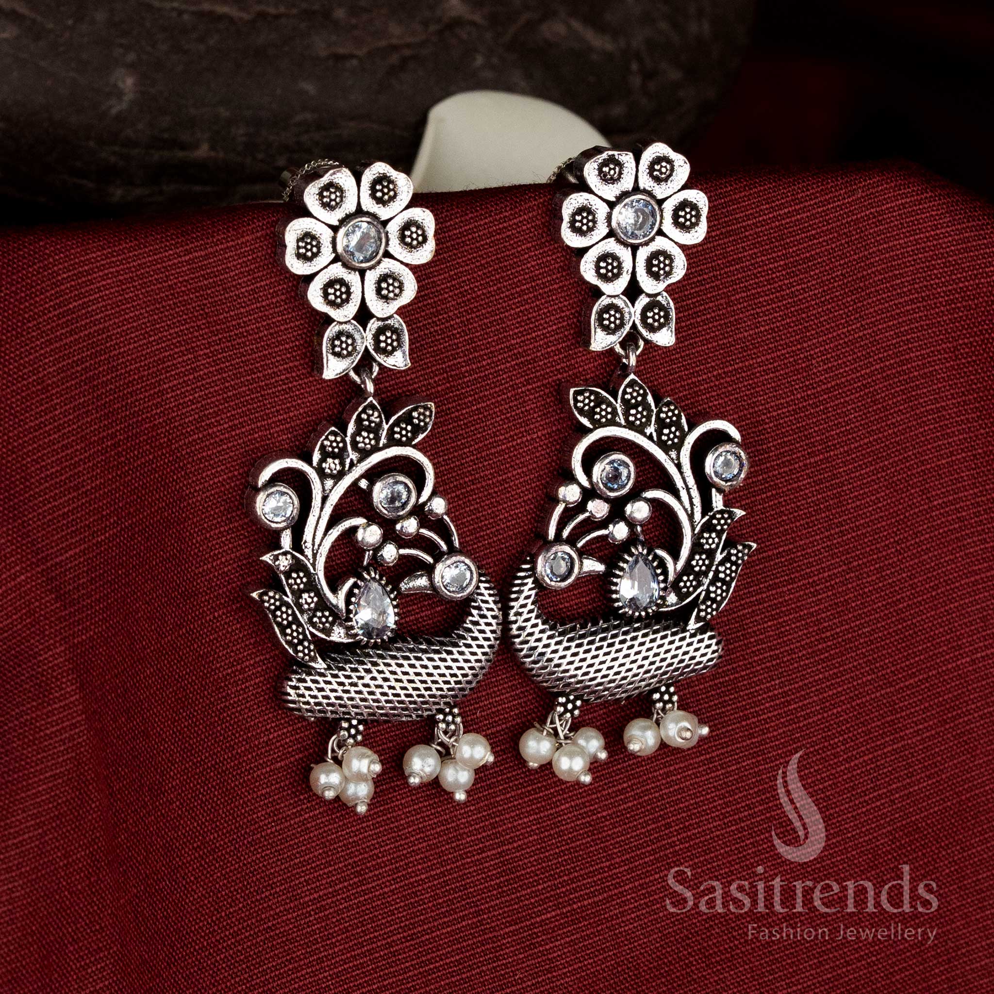 Charming Oxidised Silver Floral Pearl Peacock Earrings with Pearl Drops for Navarathri Wear - Image 8