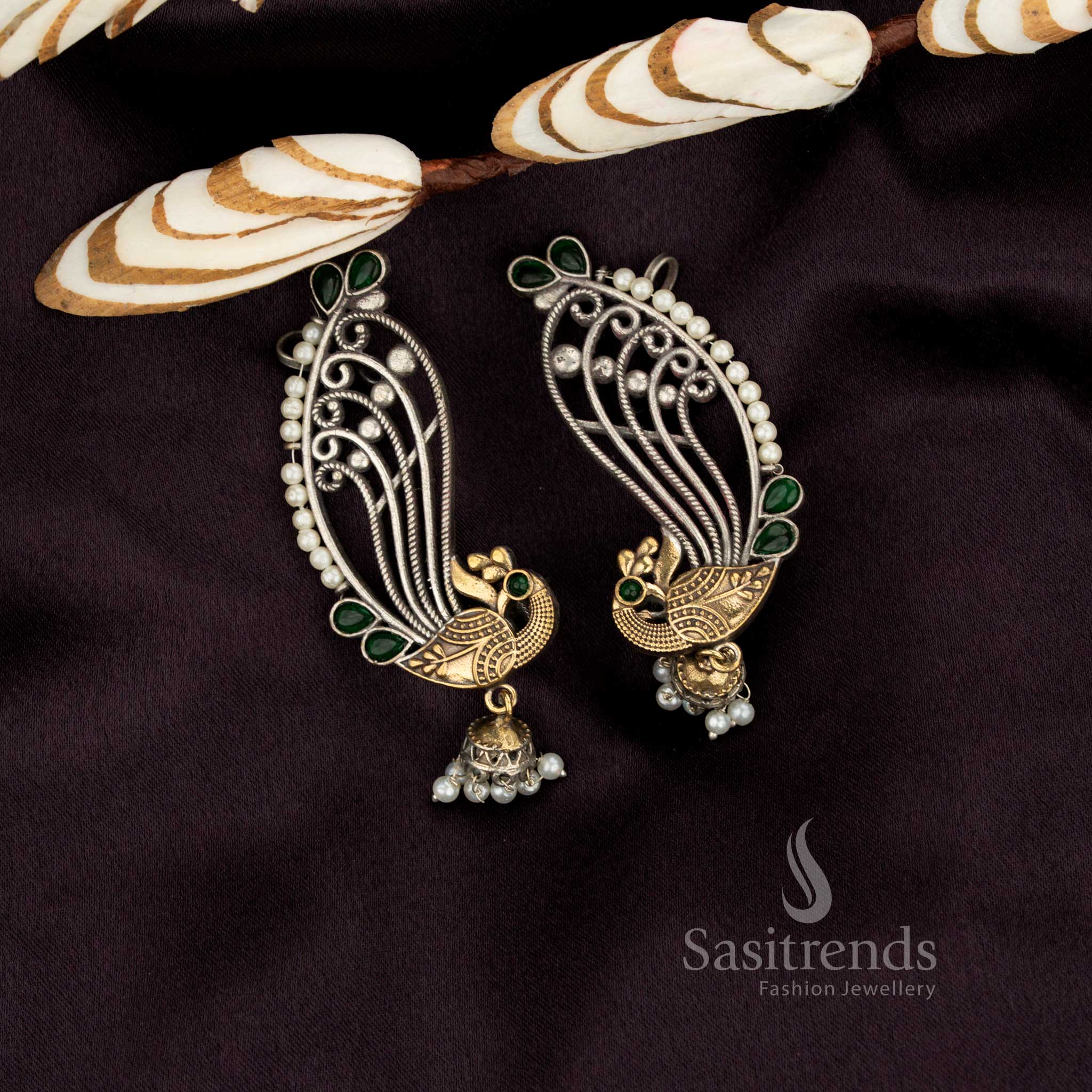 Chic Antique Oxidised Dual-Tone Peacock Stone Ear Cuff Dangler Earrings for Evening & Party Styling - Image 3