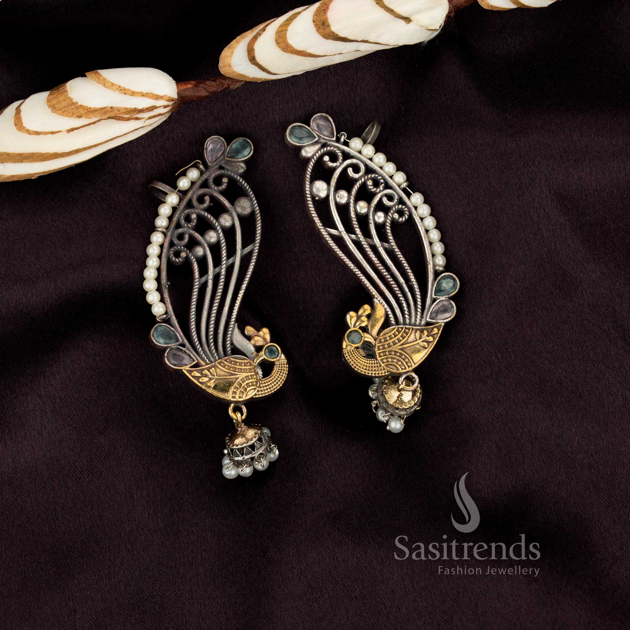 Chic Antique Oxidised Dual-Tone Peacock Stone Ear Cuff Dangler Earrings for Evening & Party Styling - Image 5