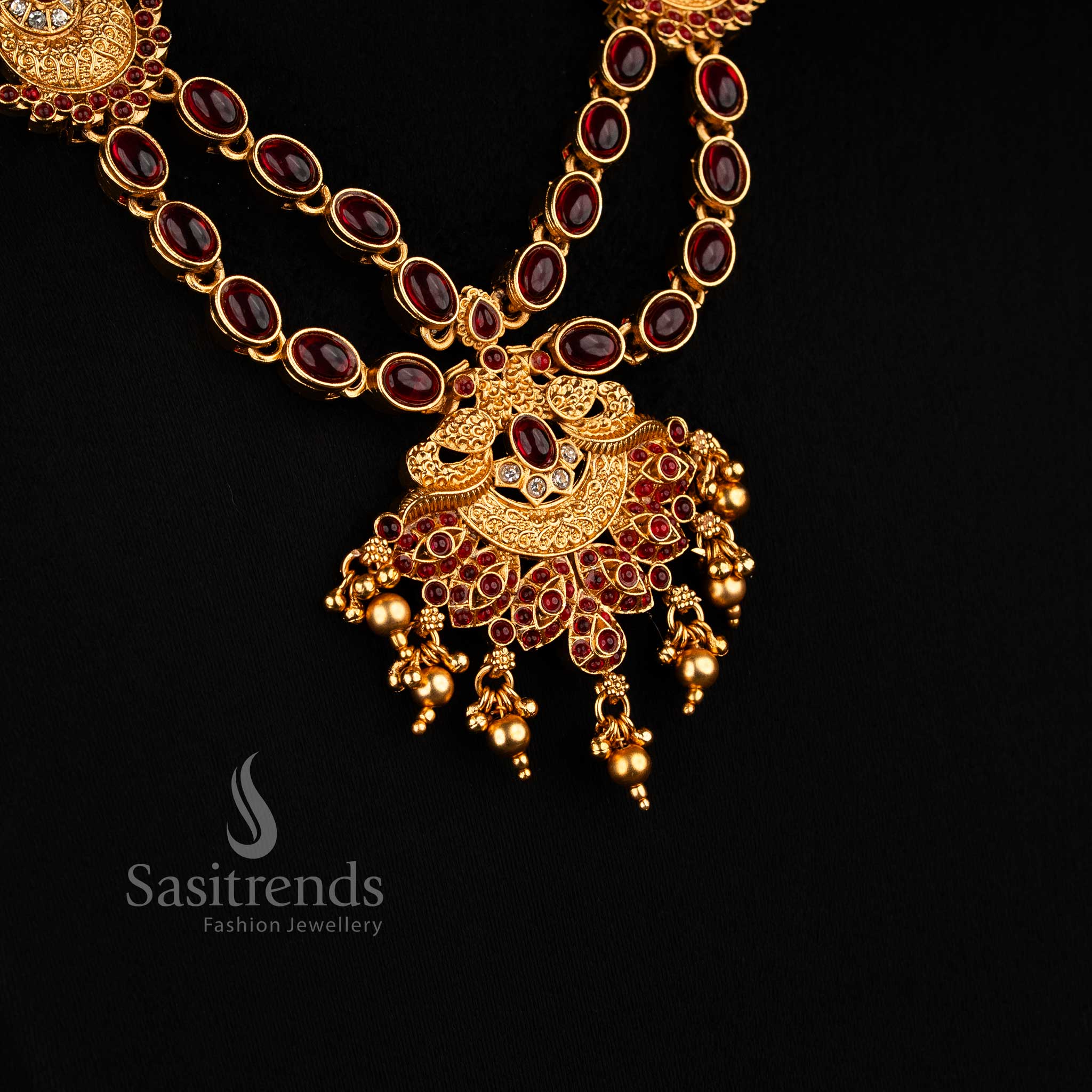 Classic Matte Gold Plated Dual Peacock Necklace Set with Oval, Teardrop Stones & Golden Beads for Festivals - Image 10