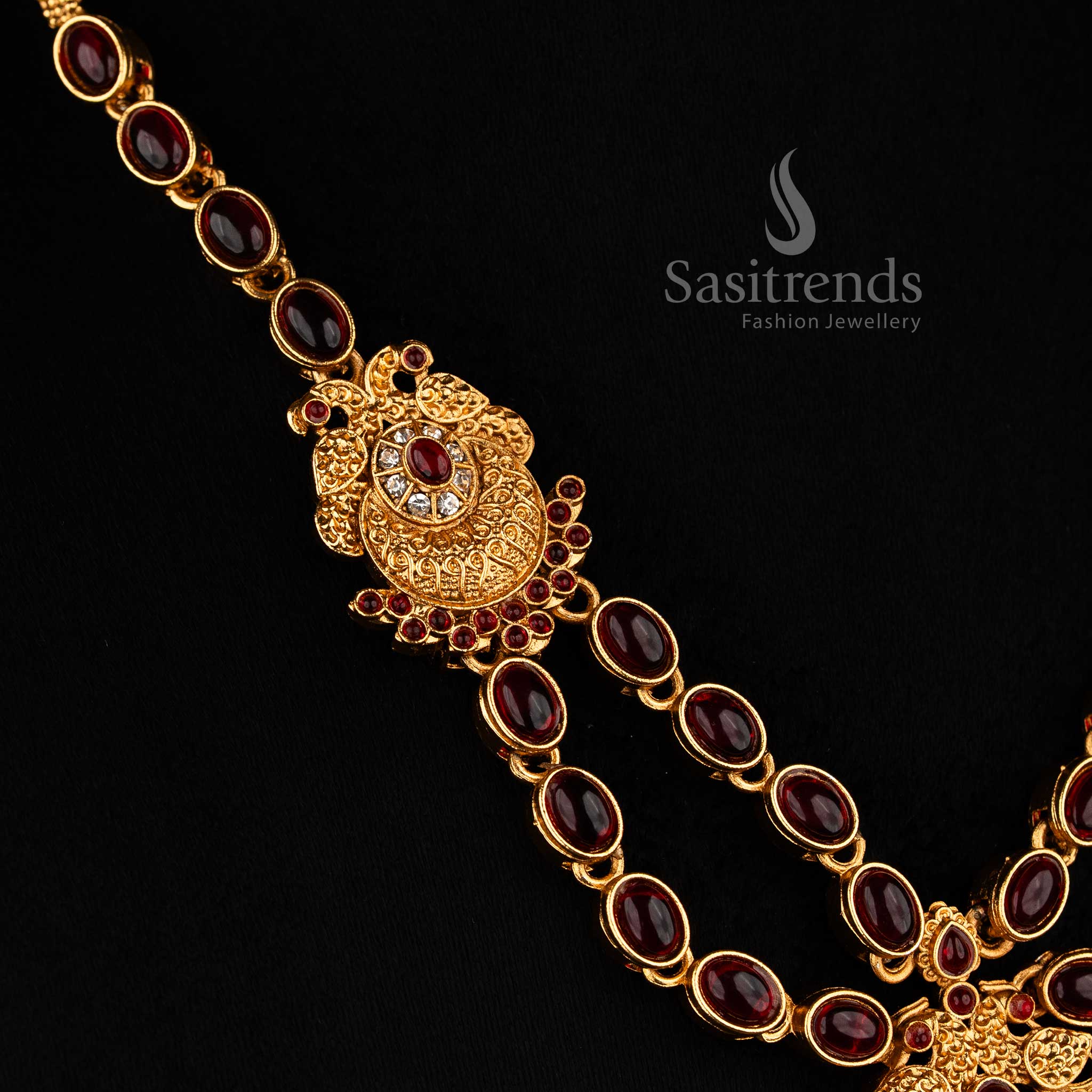 Classic Matte Gold Plated Dual Peacock Necklace Set with Oval, Teardrop Stones & Golden Beads for Festivals - Image 6