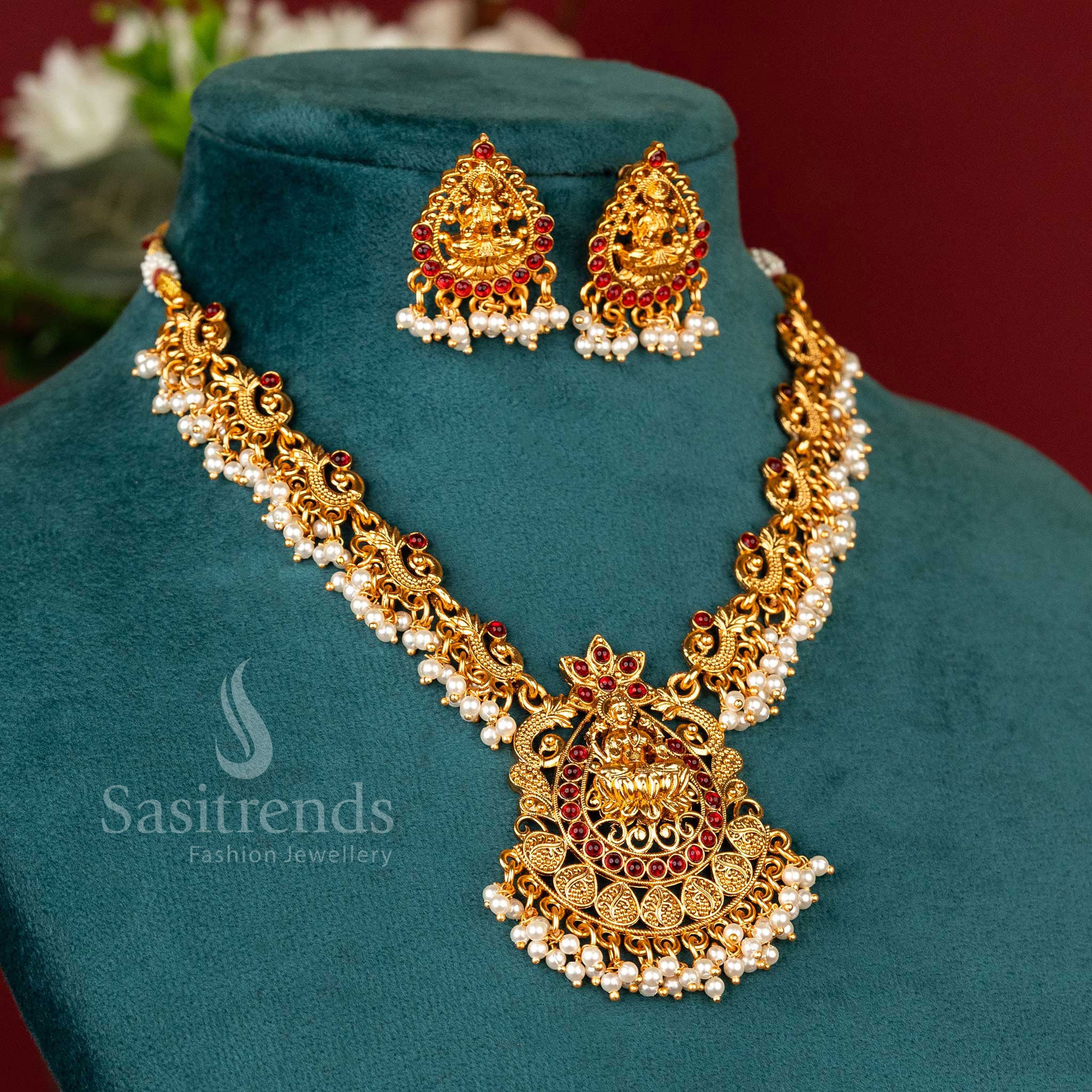 Sasitrends - Classic Matte Gold Plated Temple Lakshmi Peacock Necklace Jewellery Set - Image 3