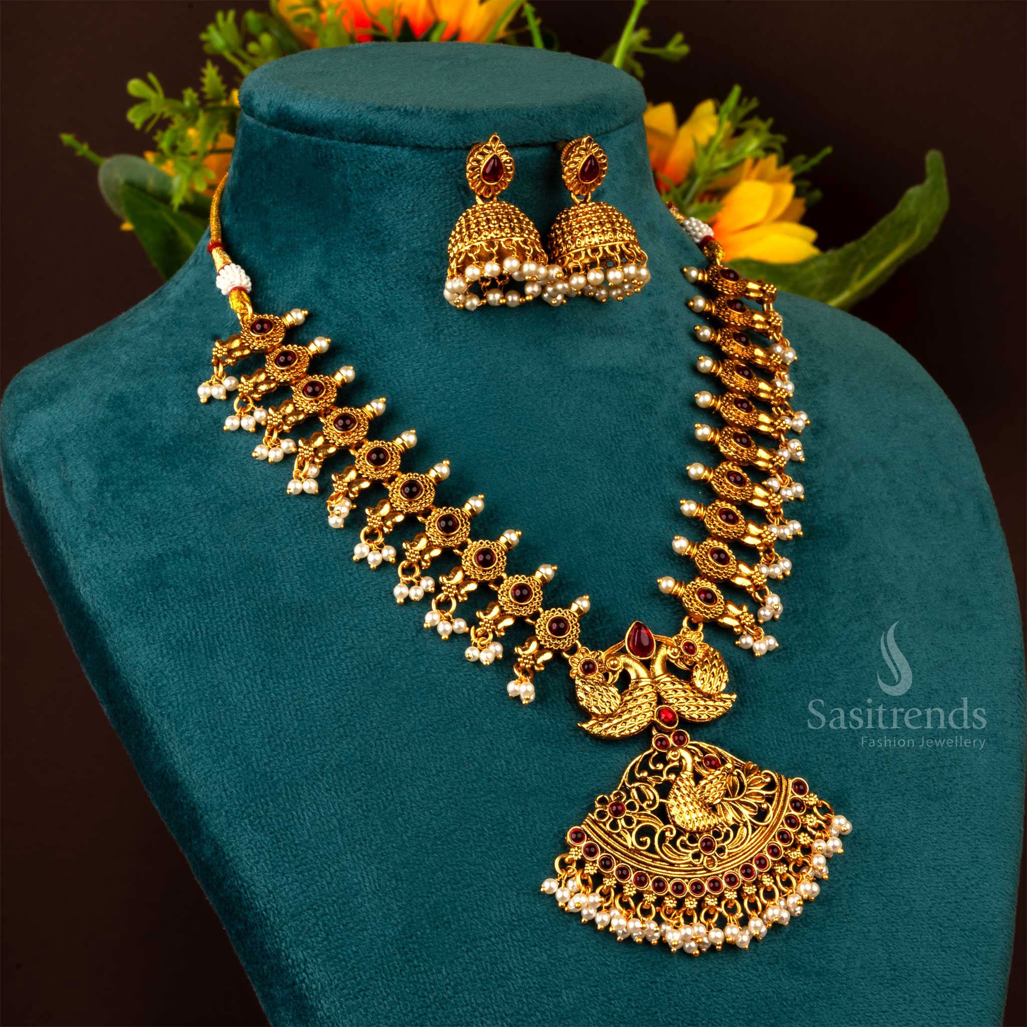 Sasitrends - Classic Matte Gold Plated Temple Peacock & ZX Stone Stud Necklace Jewellery Set - Image 2