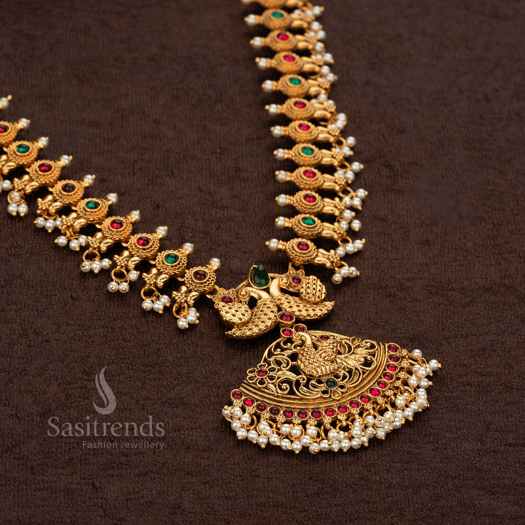 Classic Matte Gold Plated Temple Peacock Long Haram Necklace Jewellery Set - Sasitrends - Image 3