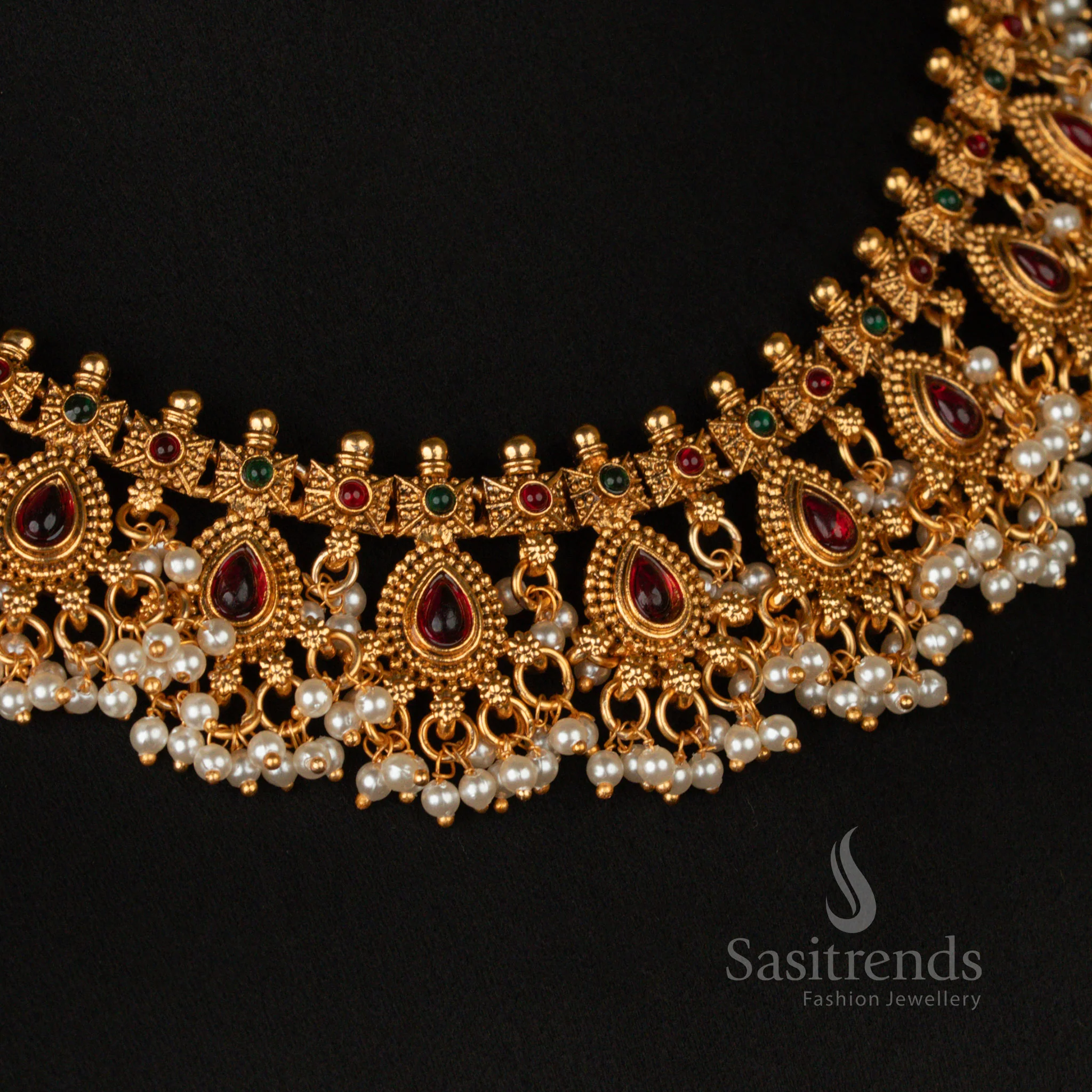 Classic Matte Gold-Plated Temple Necklace Jewellery Set with Teardrop Stone Motifs & Layered Pearl Hangings - Sasitrends - Image 4