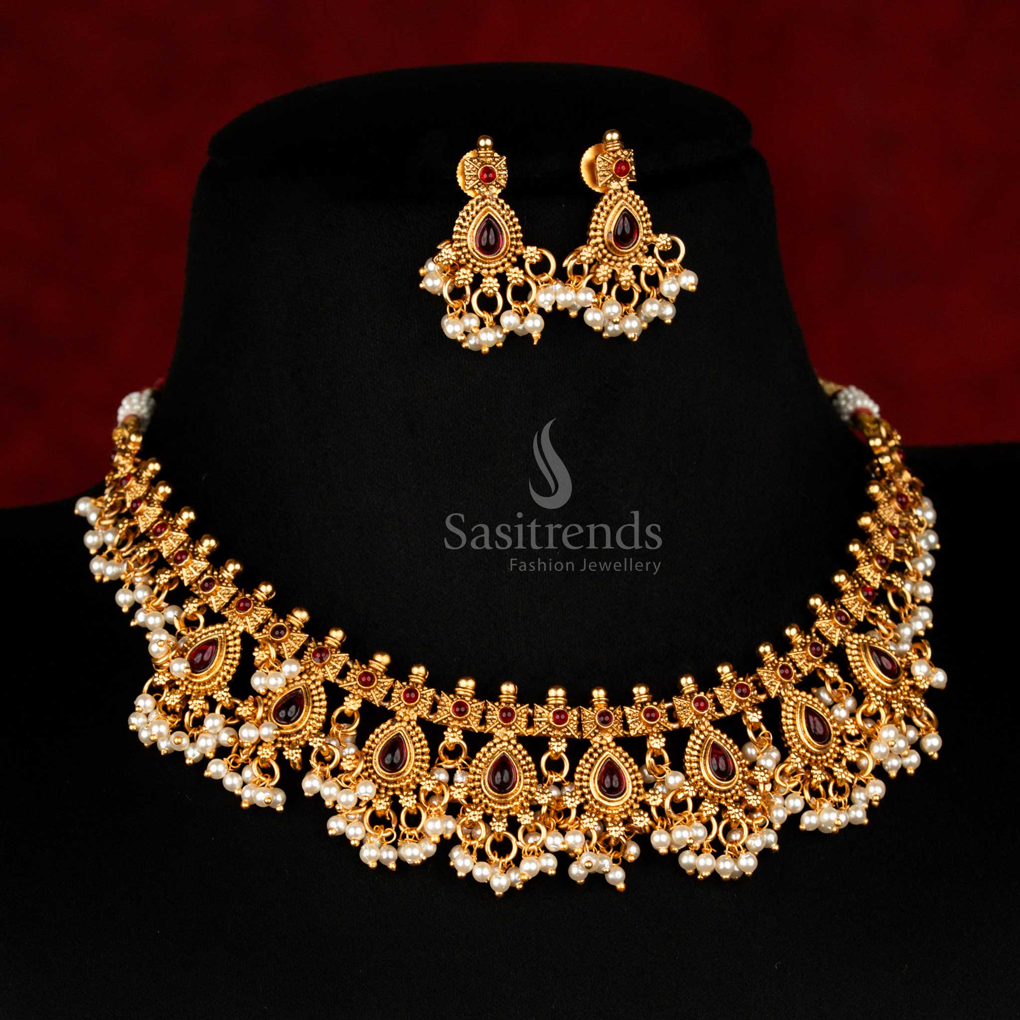 Classic Matte Gold-Plated Temple Necklace Jewellery Set with Teardrop Stone Motifs & Layered Pearl Hangings - Sasitrends - Image 8