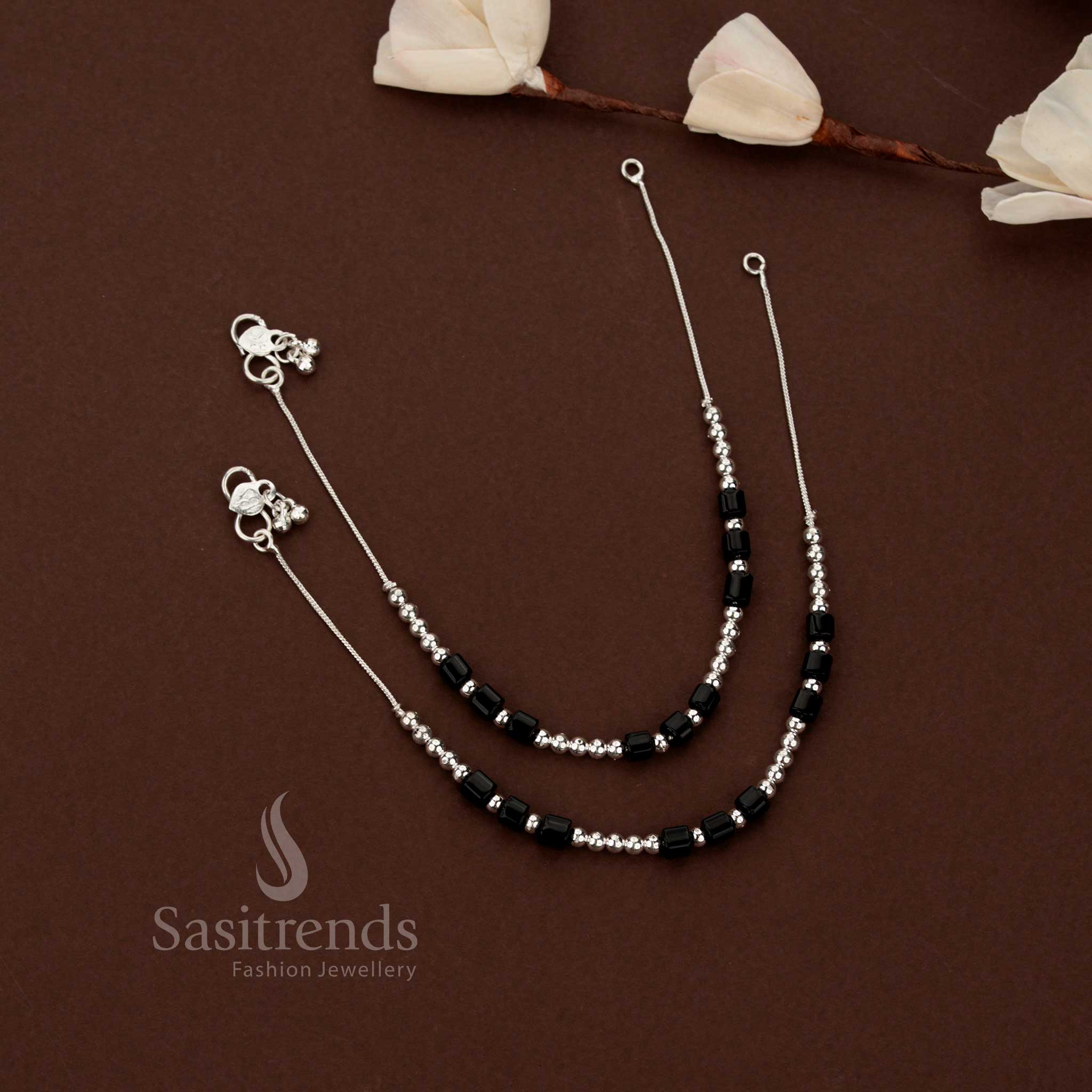 Oxidised Silver Ball Anklets with Black Beads – Traditional Everyday Ethnic Foot Jewellery