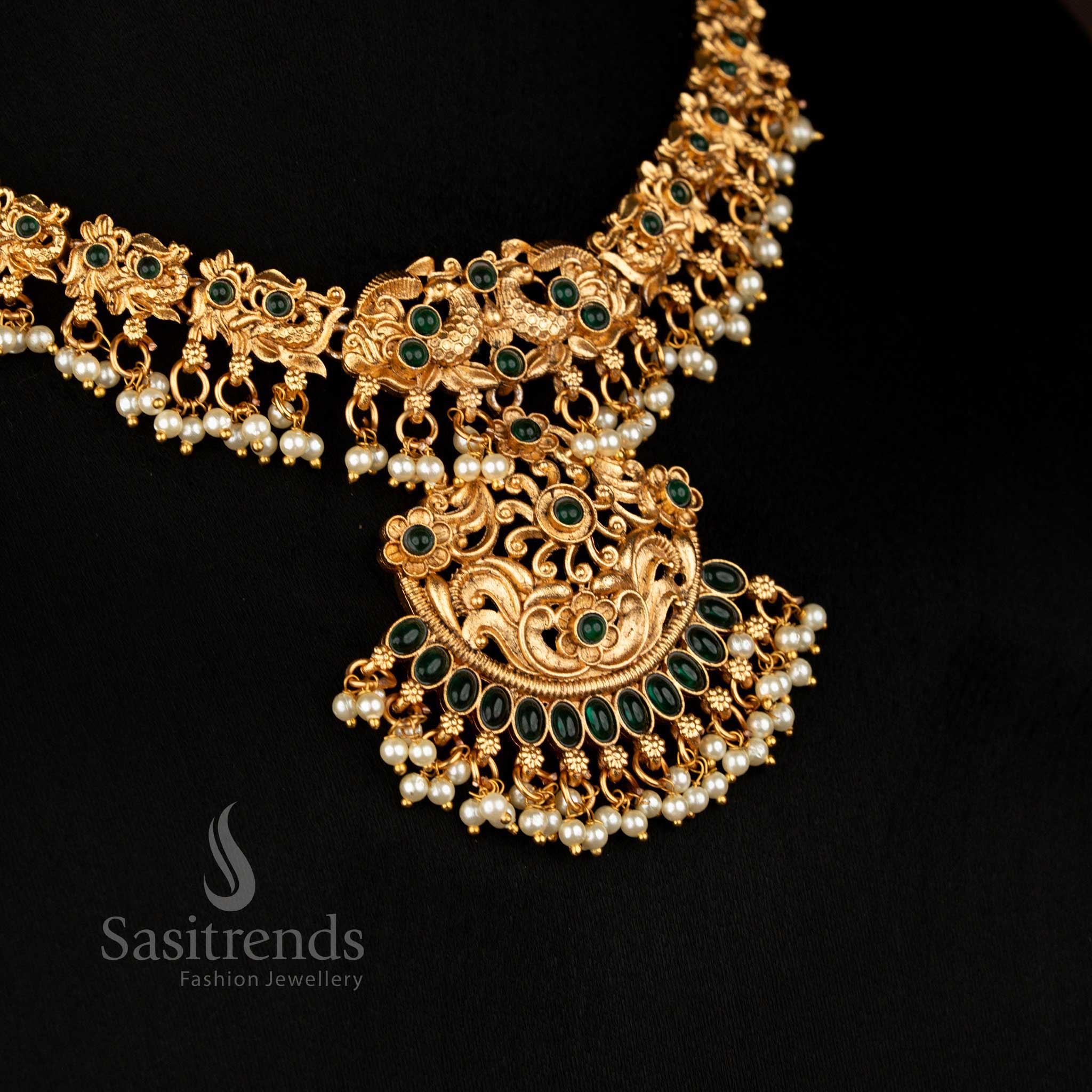 Classic Peacock Matte Gold Plated Necklace Jewellery set with Floral Motifs with Jhumkas, Perfect for Bridal Wear - Image 8