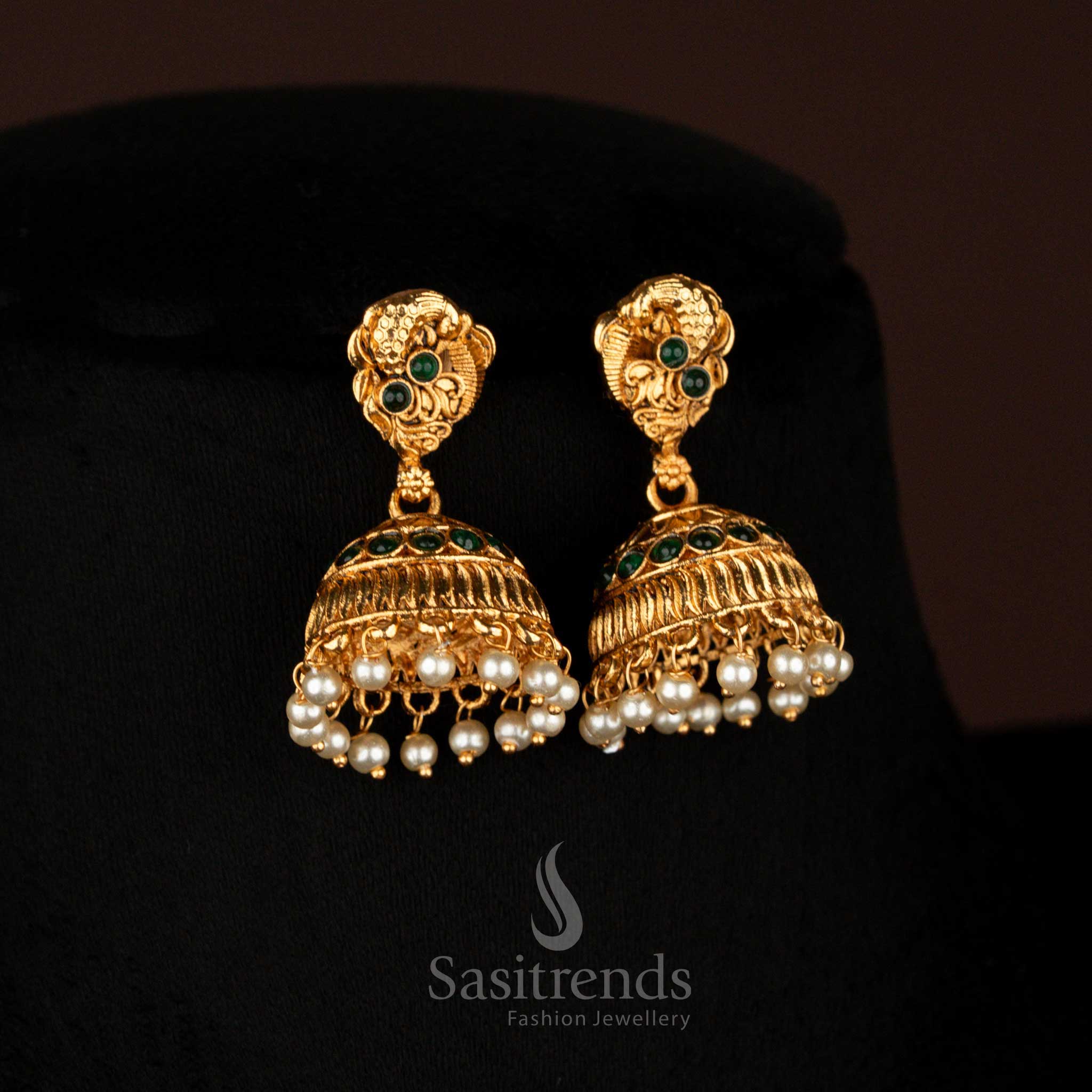 Classic Peacock Matte Gold Plated Necklace Jewellery set with Floral Motifs with Jhumkas, Perfect for Bridal Wear - Image 9