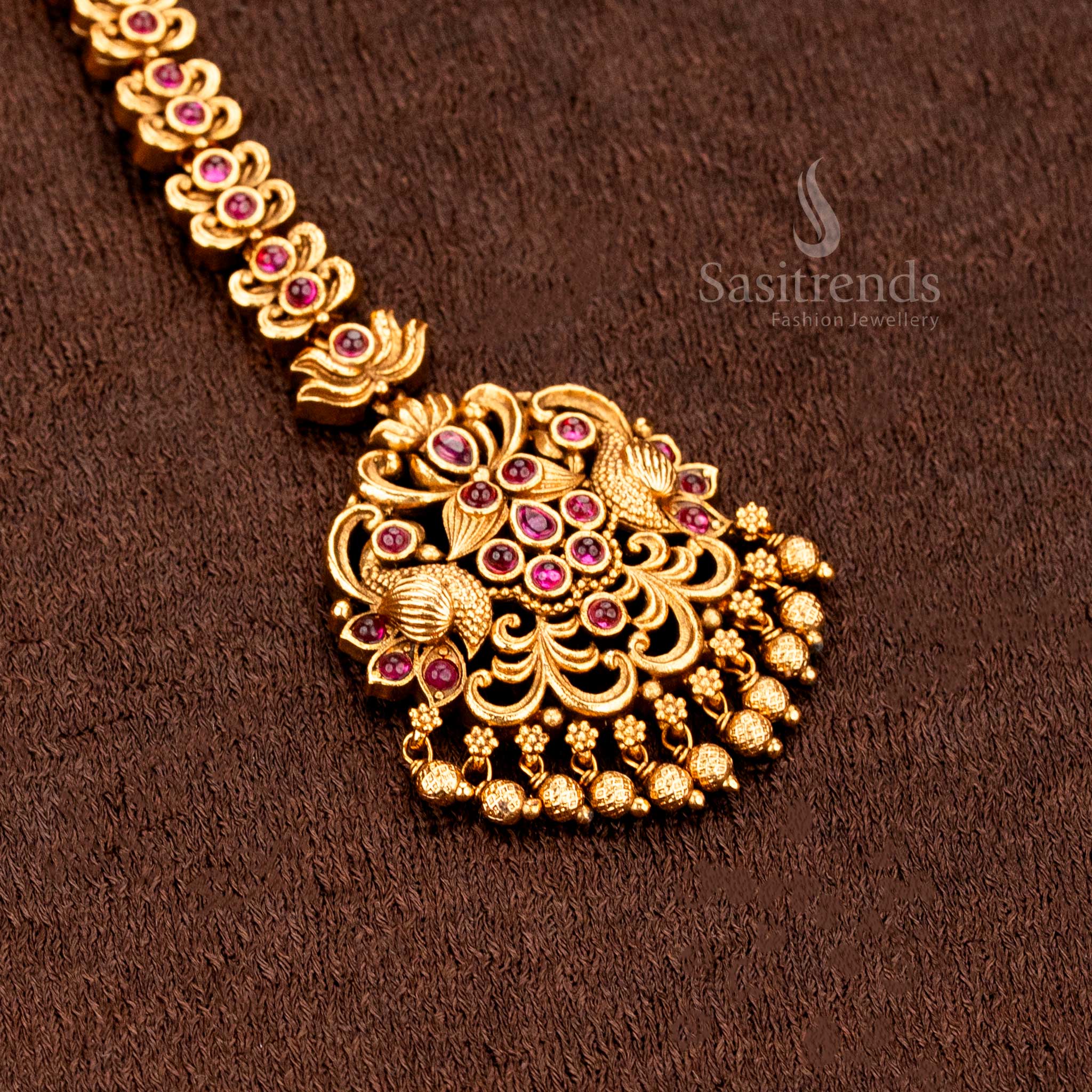 Wonderful Collection Of Premium Temple Matte Gold Plated Lakshmi Peacock Mango Floral Tikka Collection with AD Stones and Hanging Balls for Bridal and Traditional Wear - Sasitrends - Image 4