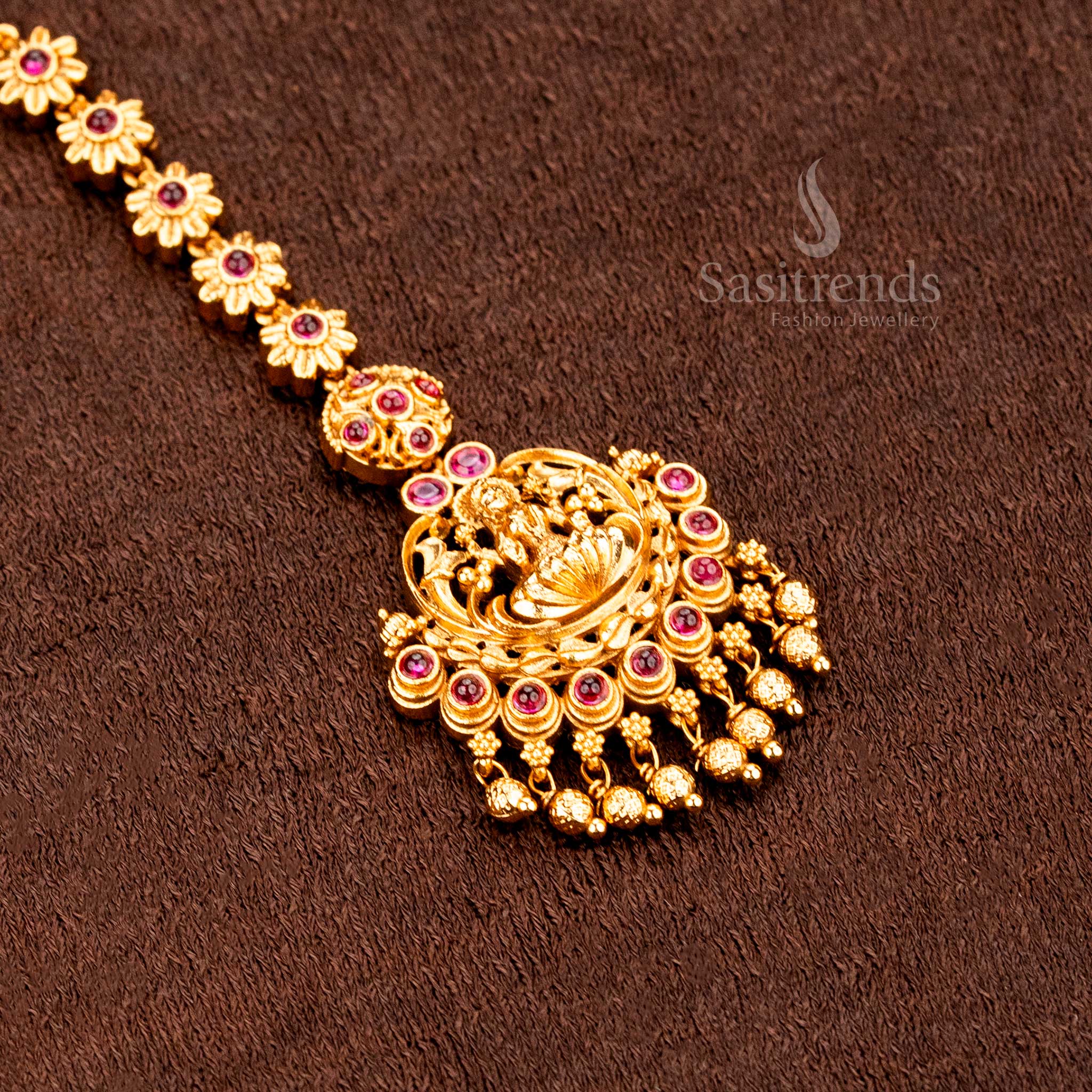 Wonderful Collection Of Premium Temple Matte Gold Plated Lakshmi Peacock Mango Floral Tikka Collection with AD Stones and Hanging Balls for Bridal and Traditional Wear - Sasitrends - Image 7