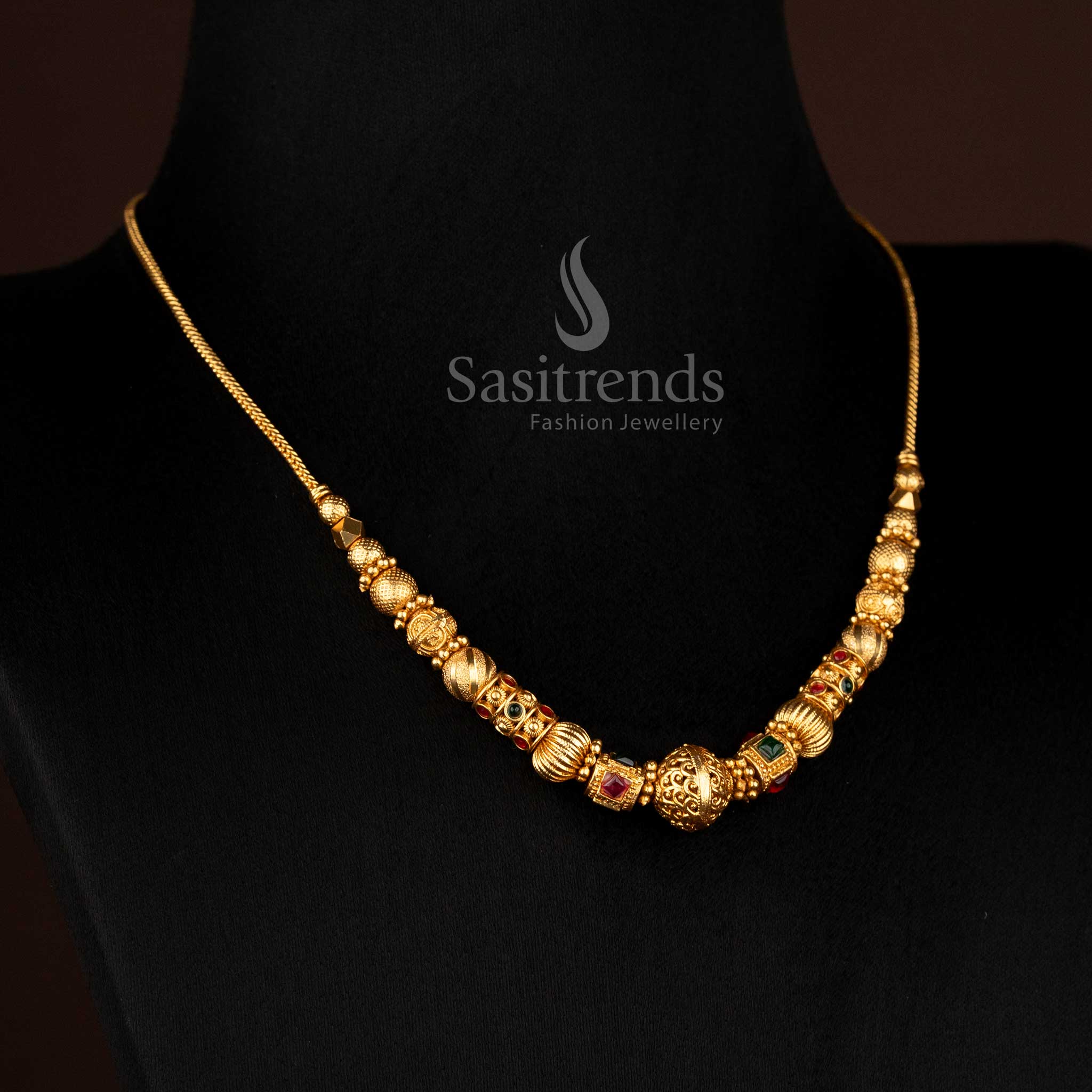 Wonderful Collection of Classic Temple Matte Gold Plated Ball Chain Necklace for Festive & Bridal Wear - Image 3