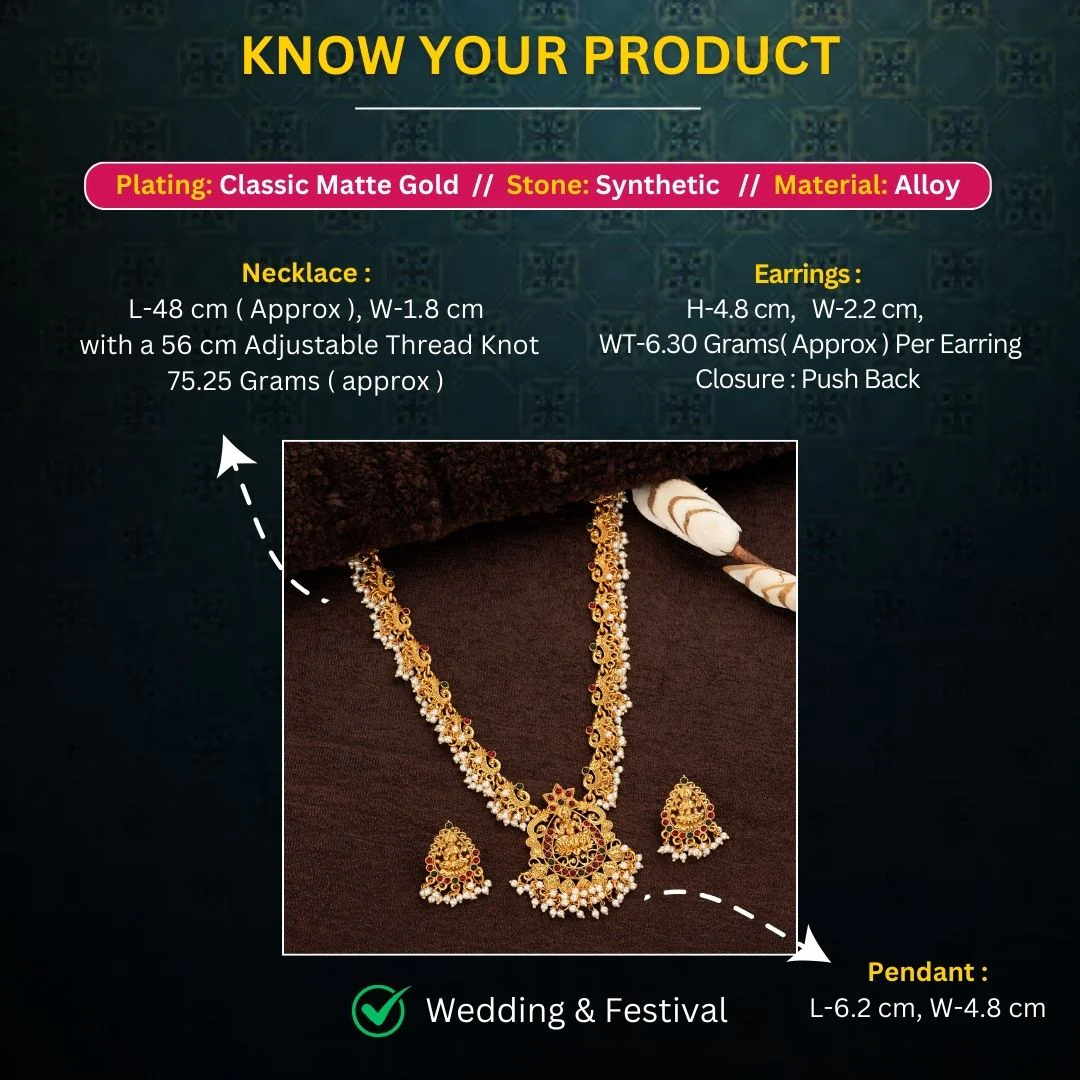Exquisite Classic Temple Matte Gold Plated Long Haram Necklace Jewellery Set with Lakshmi Pendant and Jhumka Earrings - Sasitrends - Image 3