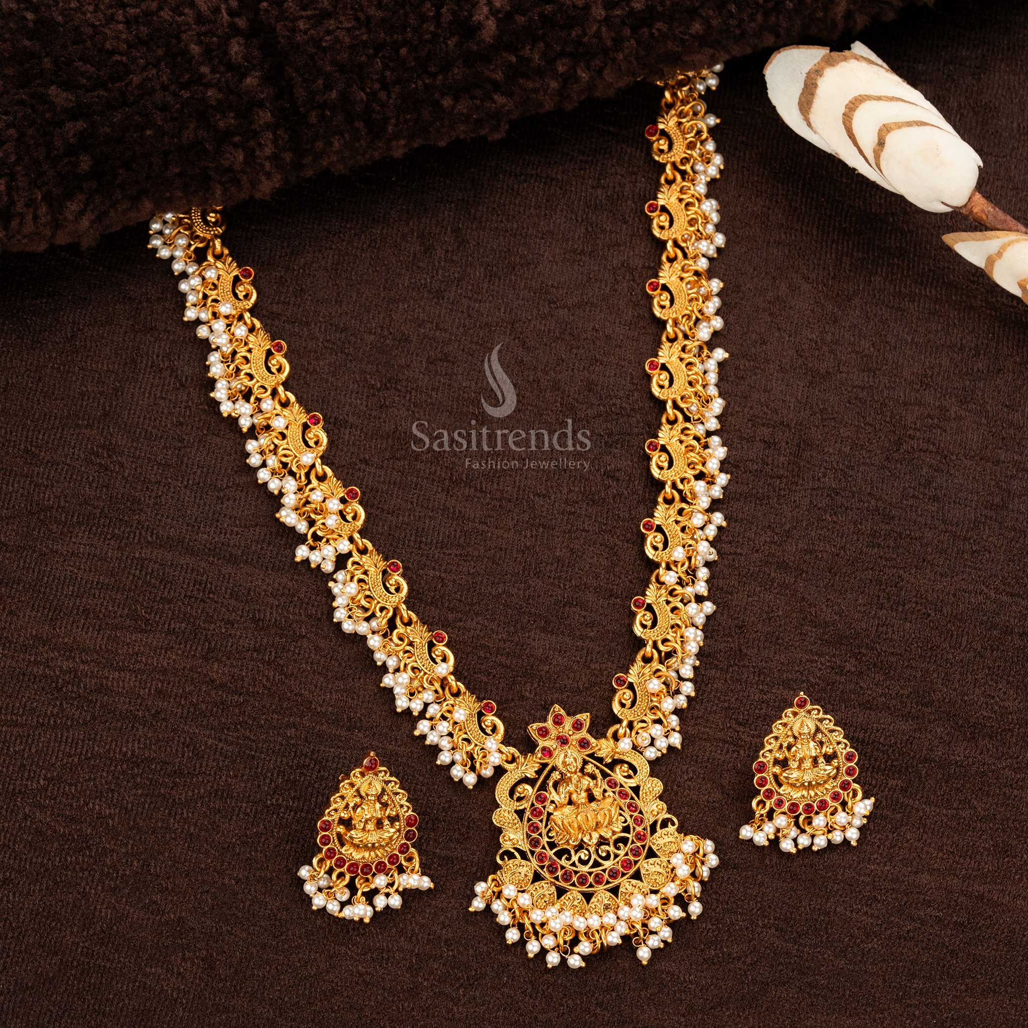 Exquisite Classic Temple Matte Gold Plated Long Haram Necklace Jewellery Set with Lakshmi Pendant and Jhumka Earrings - Sasitrends - Image 4