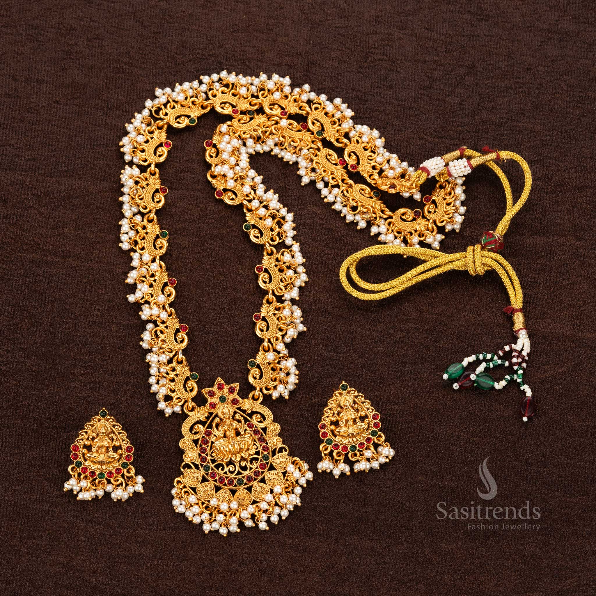Exquisite Classic Temple Matte Gold Plated Long Haram Necklace Jewellery Set with Lakshmi Pendant and Jhumka Earrings - Sasitrends - Image 5
