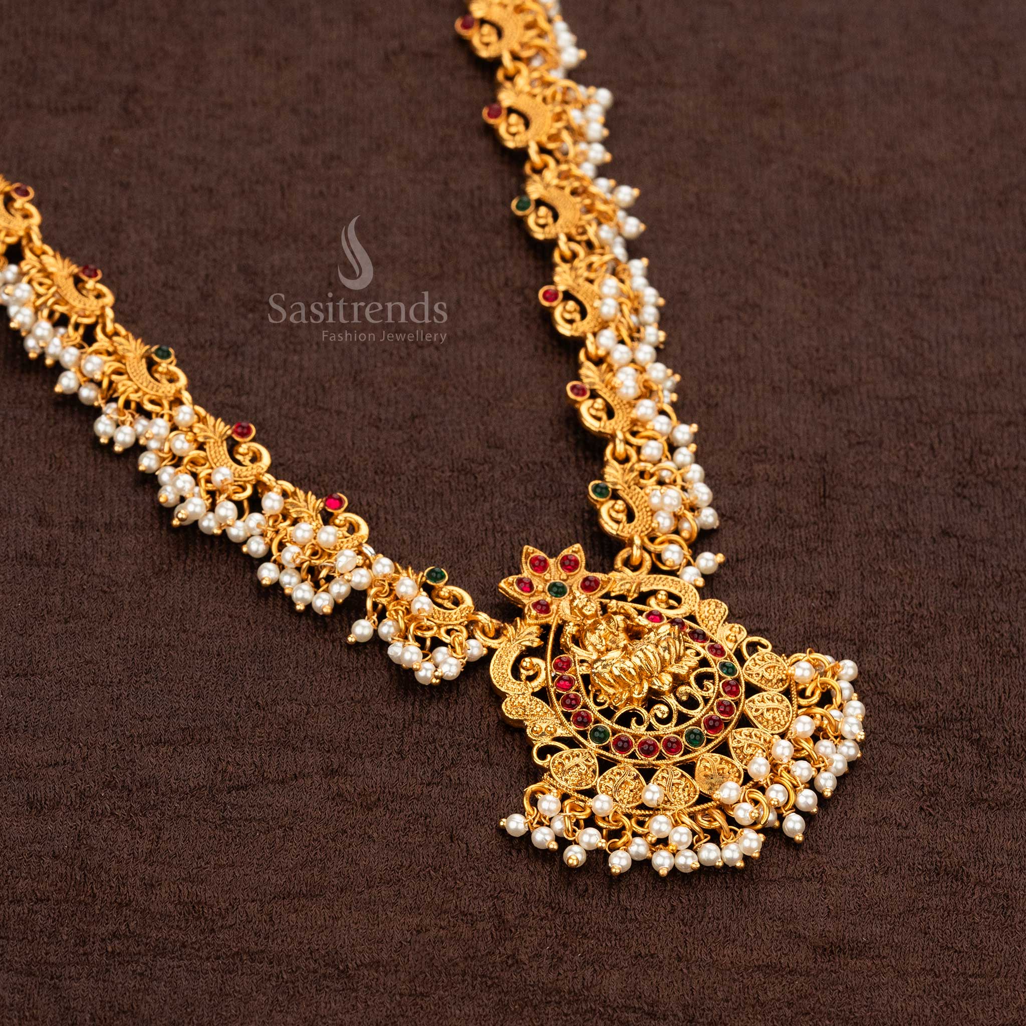 Exquisite Classic Temple Matte Gold Plated Long Haram Necklace Jewellery Set with Lakshmi Pendant and Jhumka Earrings - Sasitrends - Image 7