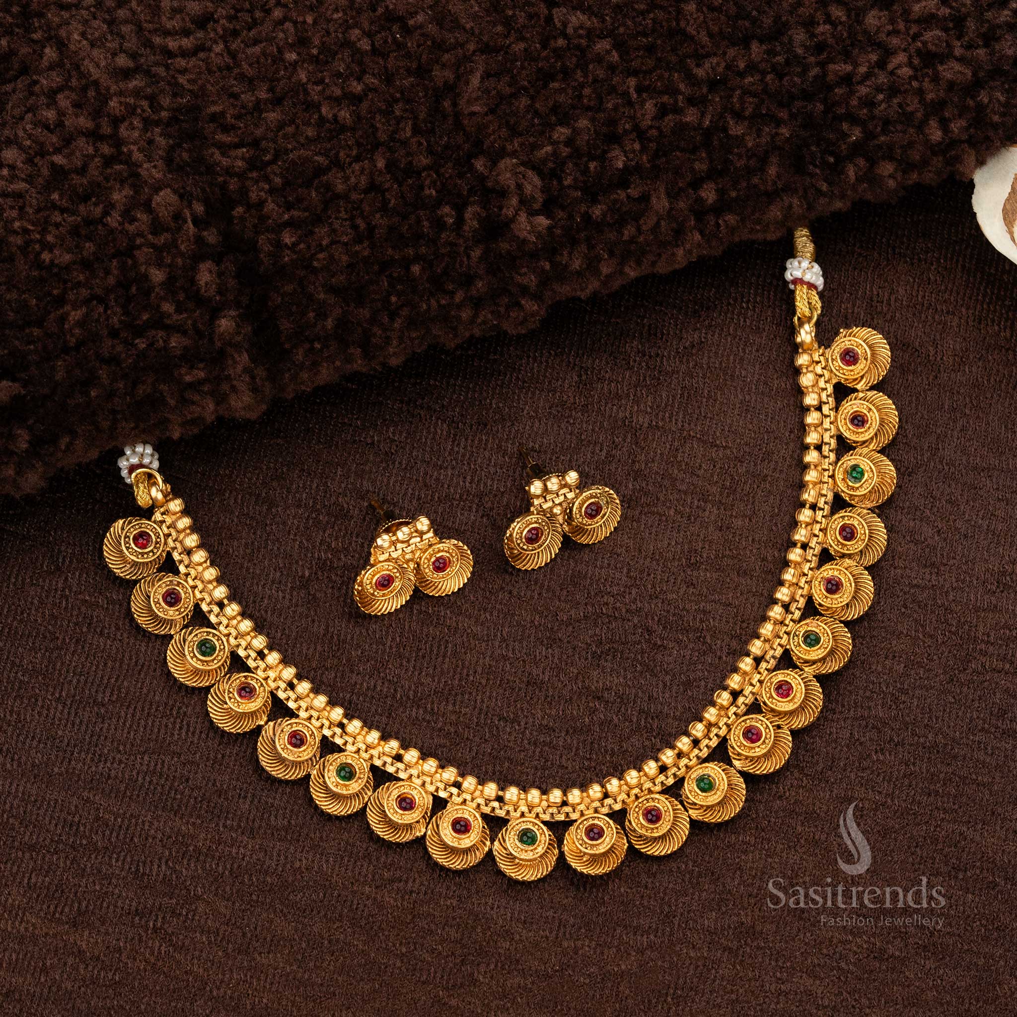 Wonderful Collection of Classic Matte Gold Plated Temple Necklace Jewellery Set with Ruby and Ruby-Green Stones - Image 7