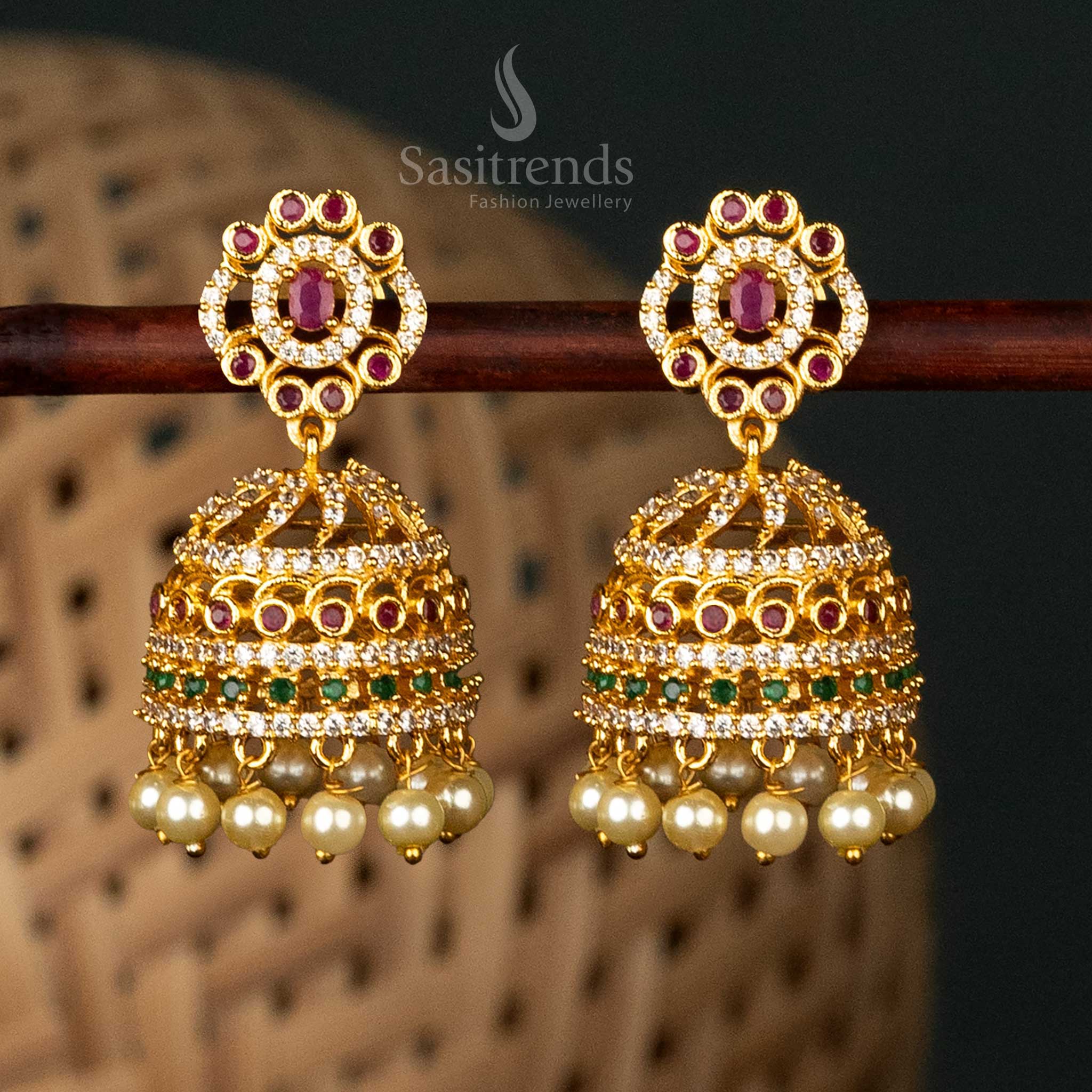 Traditional Micro and Matte Gold-Plated Floral Jhumka Earrings with Dome Design, Red and Green Accents, and Pearl Hangings - Sasitrends - Image 3
