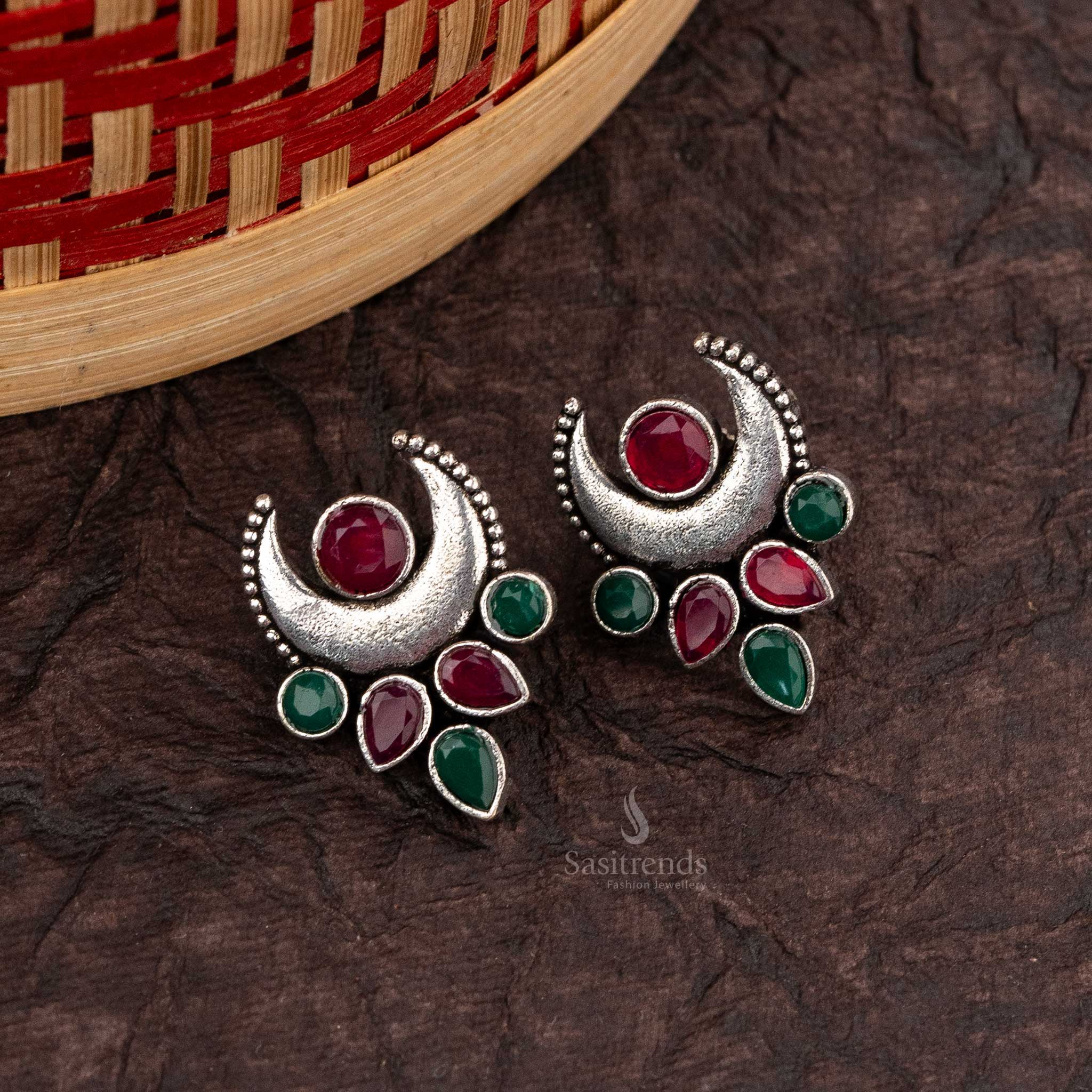 Elegant Crescent-Shaped Oxidised Trendy Earrings with Teardrop Stones - Sasitrends - Image 8