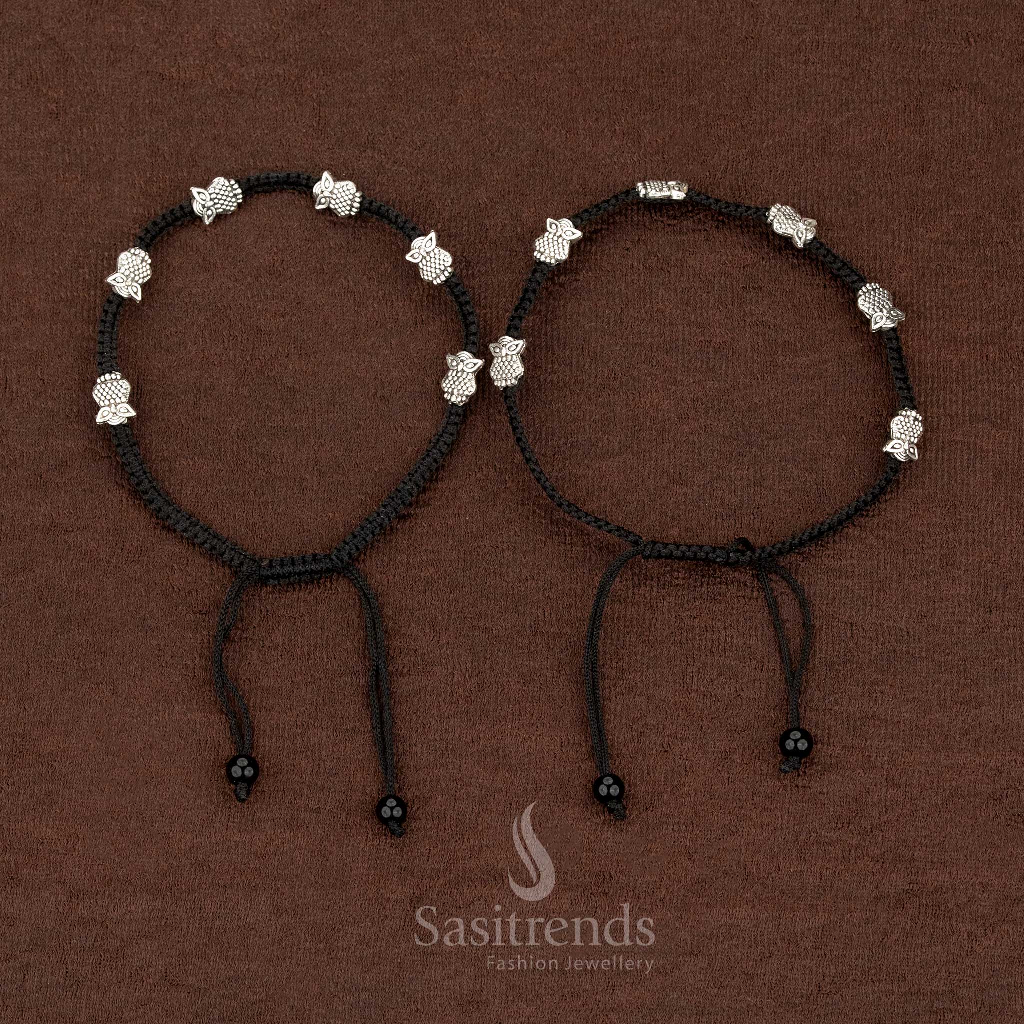 Vibrant Oxidised Black Thread Anklets with Stranded Size Featuring Elephant, Owl ,Ball & Butterfly Charms for Cultural & Casual Wear - Image 2