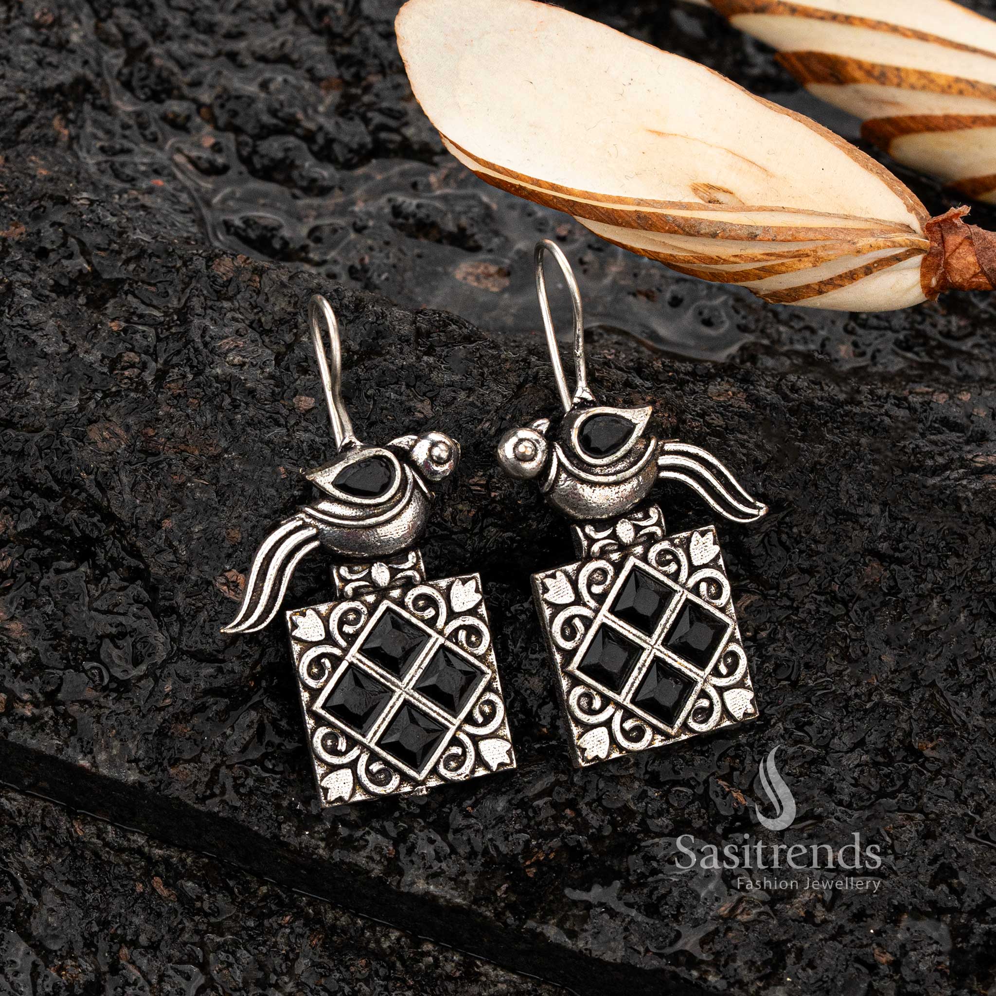Exquisite Oxidised Silver Parrot Motif Square Studded Earrings - Sasitrends - Image 2