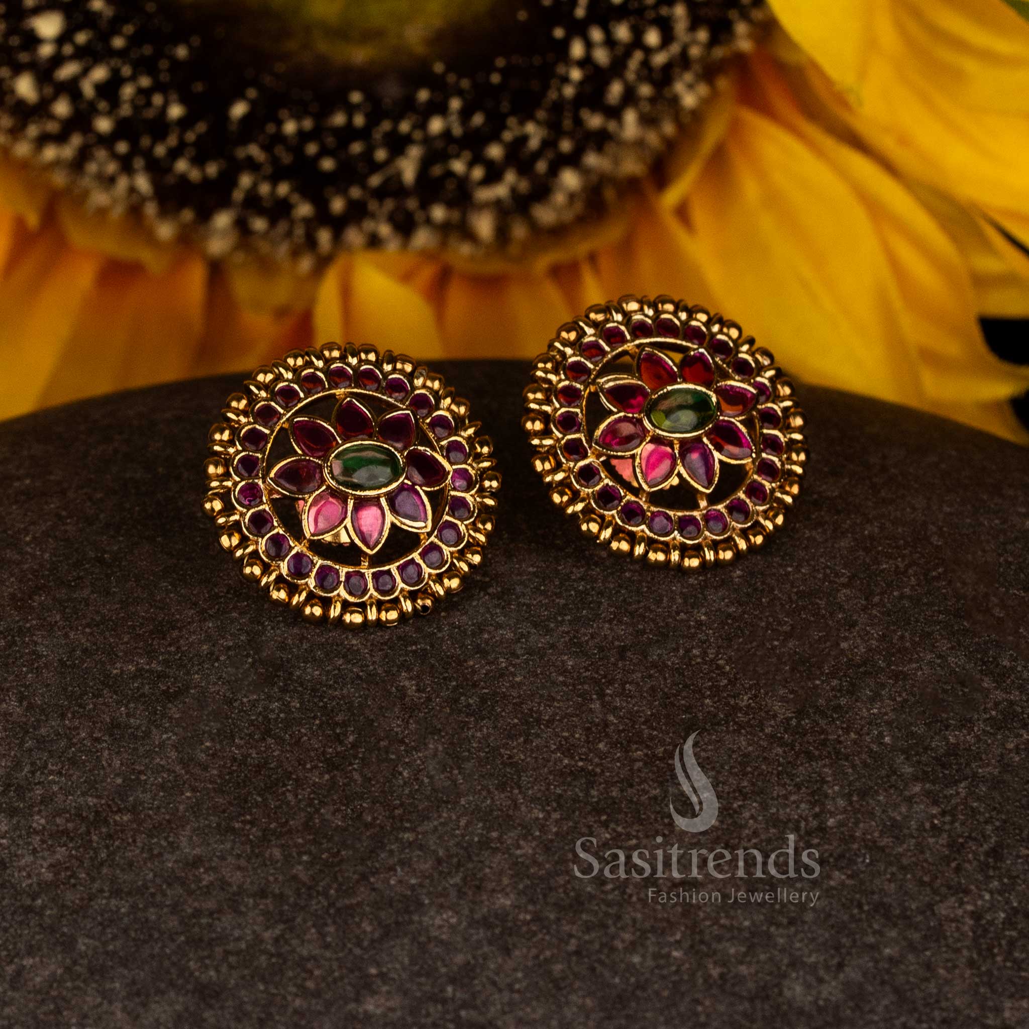 Divine Blossom Matte Gold Plated Lotus Cluster Temple Stud Earrings with Premium Craftsmanship