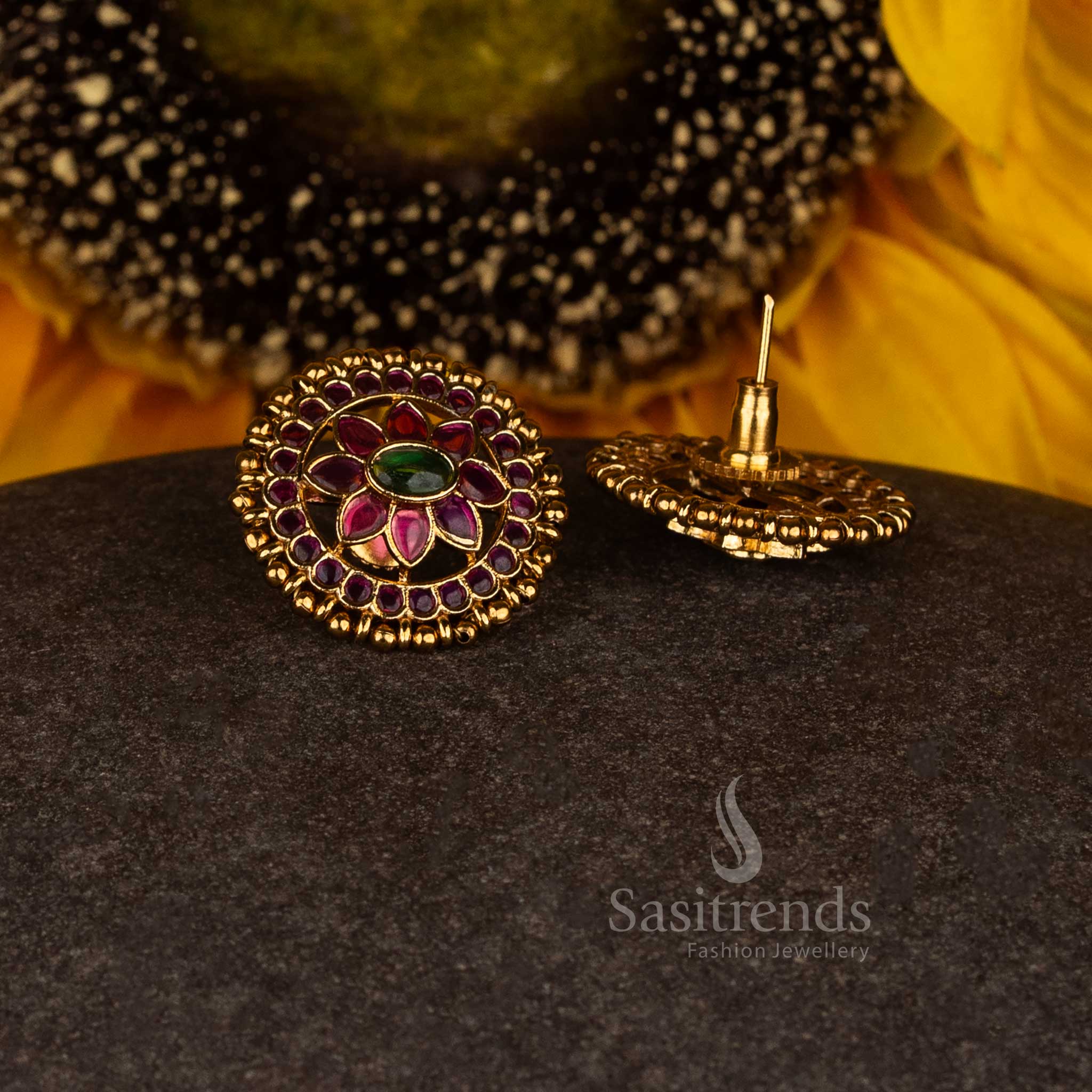 Divine Blossom Matte Gold Plated Lotus Cluster Temple Stud Earrings with Premium Craftsmanship - Image 2