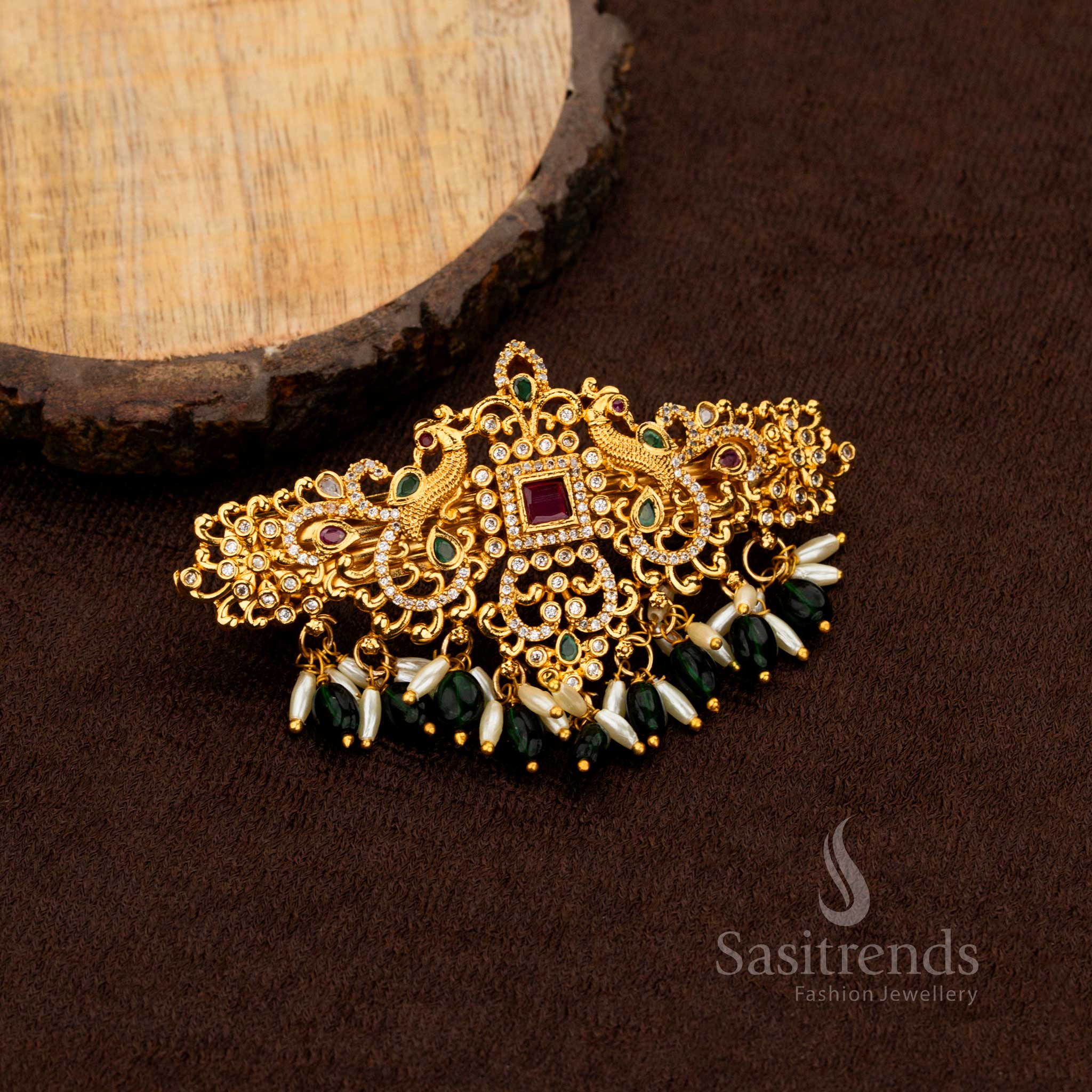 Regal Matte Gold Plated Dual Peacock Temple Hair Clip with Square AD Stone and Rice Pearls - Image 2