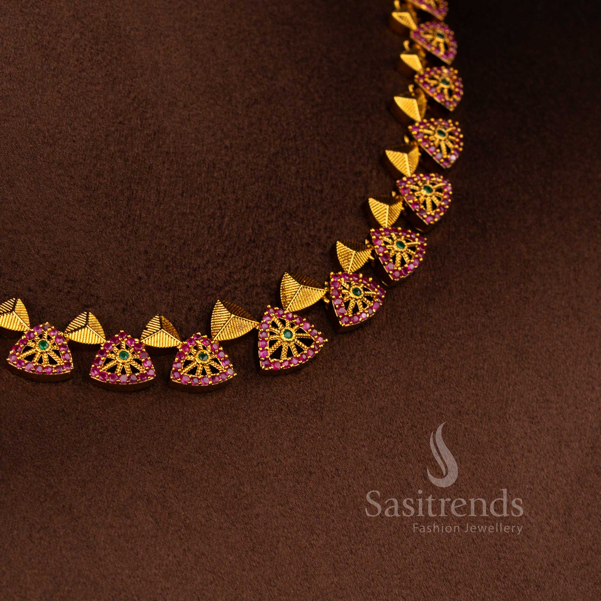 Temple Matte Gold Polished Necklace Jewellery Set with AD Stone | Sasitrends - Image 14