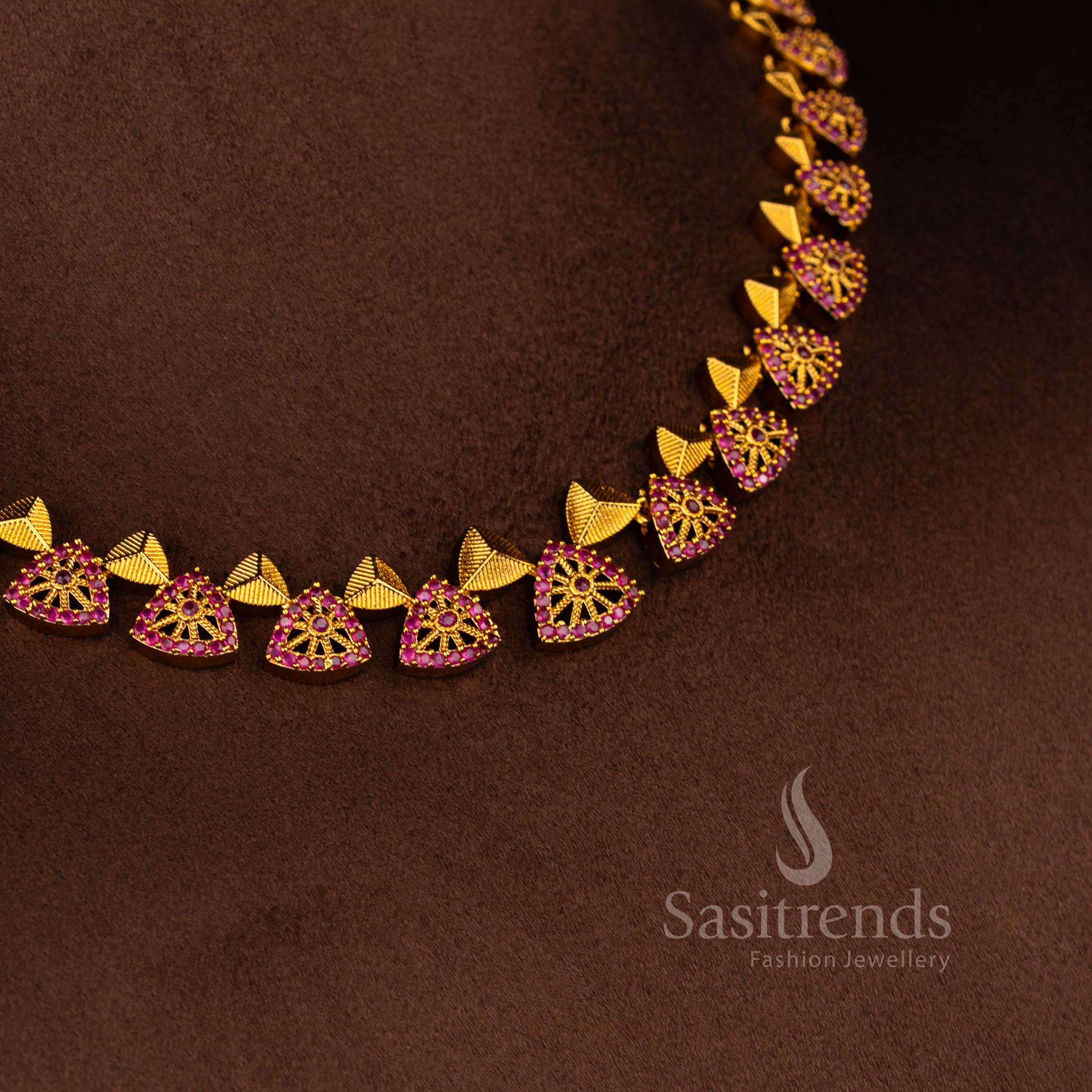 Temple Matte Gold Polished Necklace Jewellery Set with AD Stone | Sasitrends - Image 3