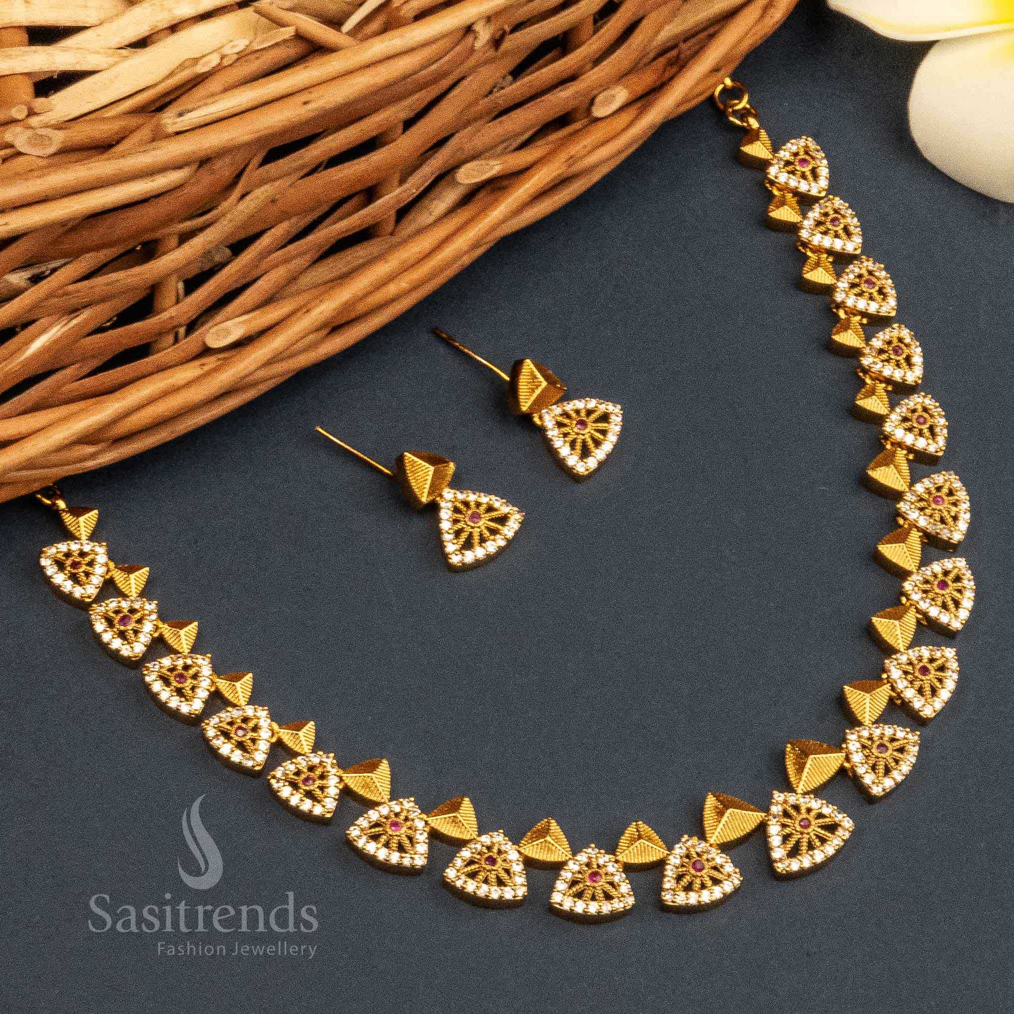 Temple Matte Gold Polished Necklace Jewellery Set with AD Stone | Sasitrends - Image 4