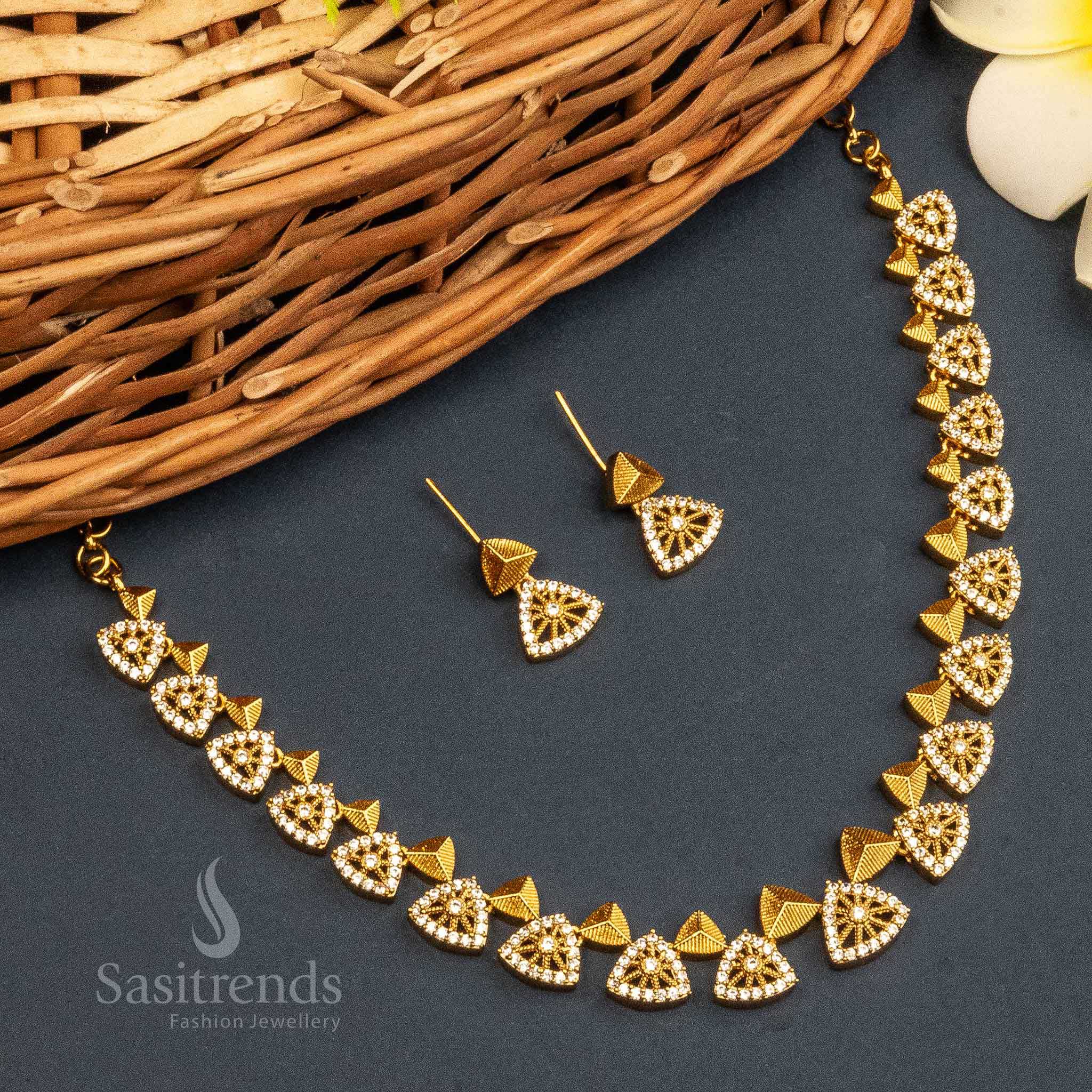 Temple Matte Gold Polished Necklace Jewellery Set with AD Stone | Sasitrends - Image 5
