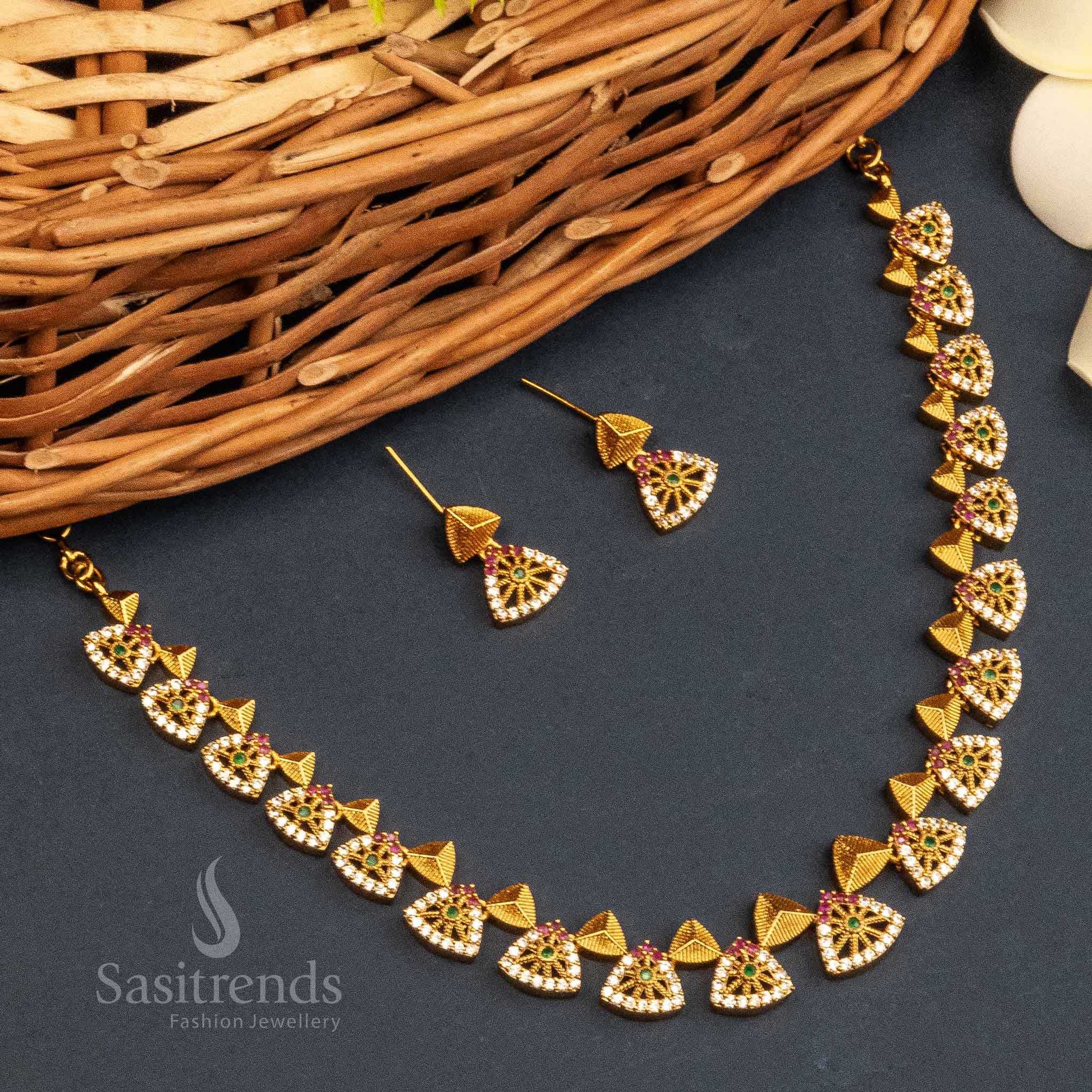 Temple Matte Gold Polished Necklace Jewellery Set with AD Stone | Sasitrends - Image 6