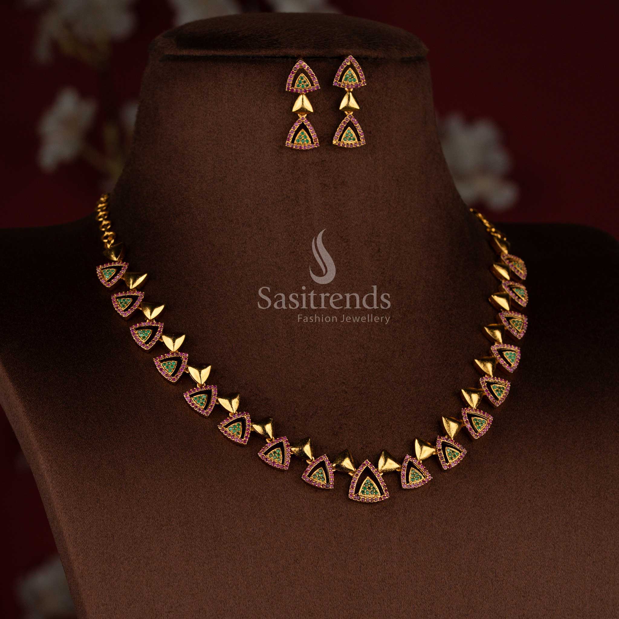 Temple Matte Gold Polished Necklace Jewellery Set with AD Stone | Sasitrends - Image 7