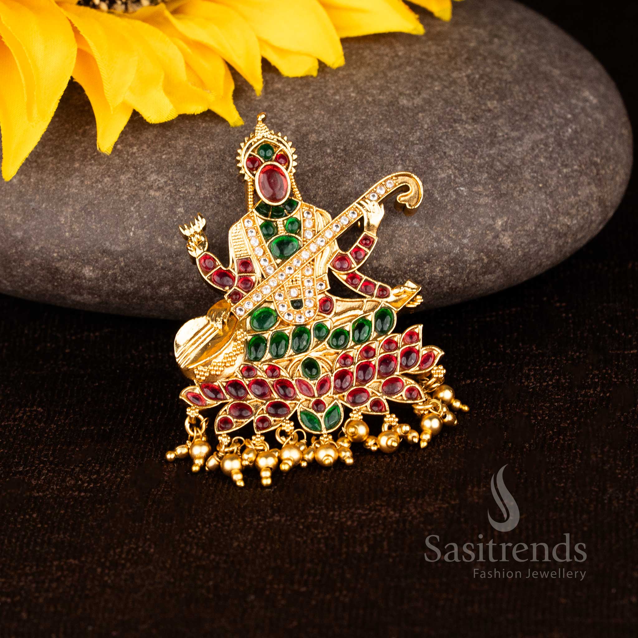 Divine Harmony Matte Gold Plated Temple AD Kemp Stone Goddess Saraswathi Pendant with Veena Motif - Image 3