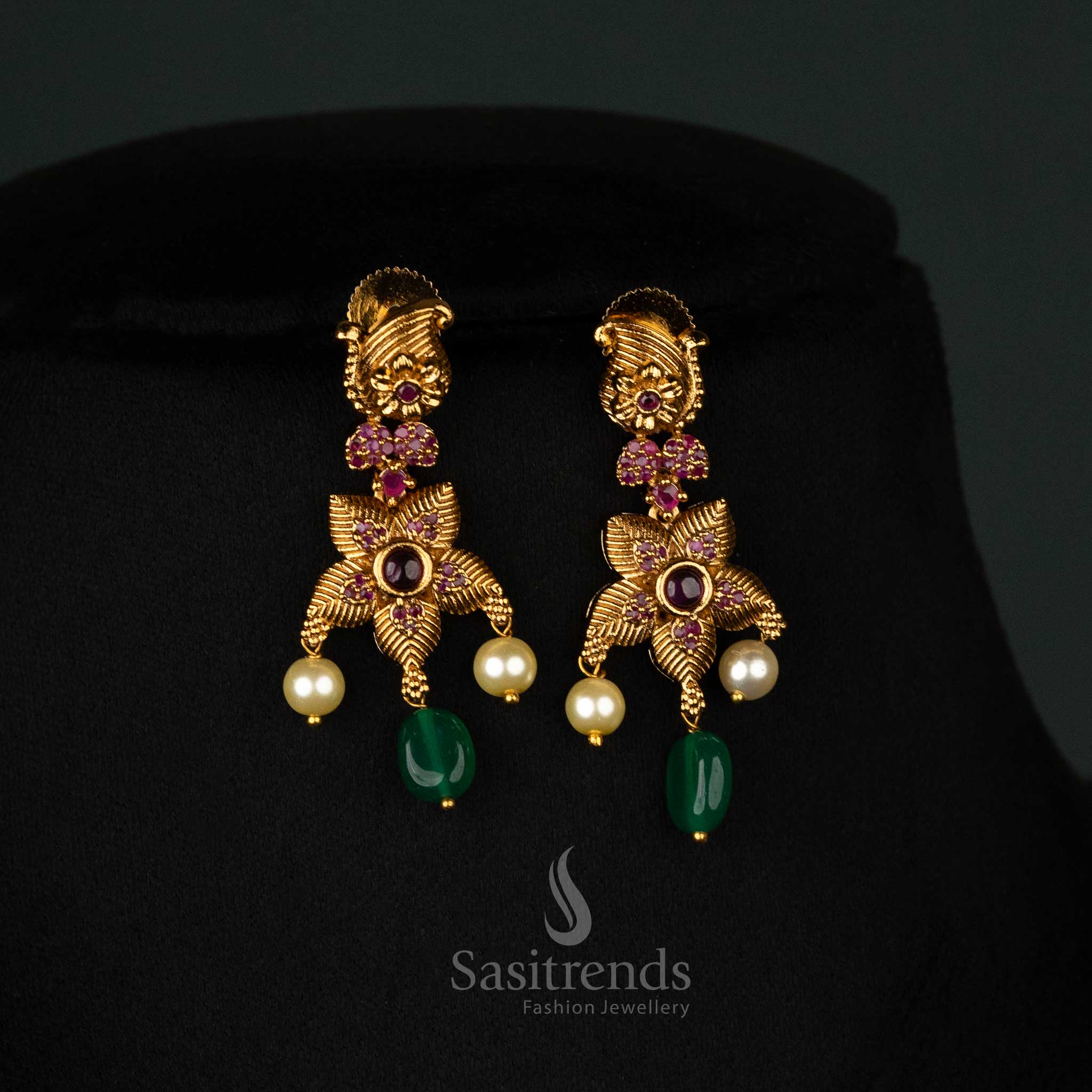 Beautiful Temple Matte Gold-Plated Necklace Jewellery Set with Mango Flower Motif, Ruby Stones, Green Beads, and Pearl Drops - Sasitrends - Image 2