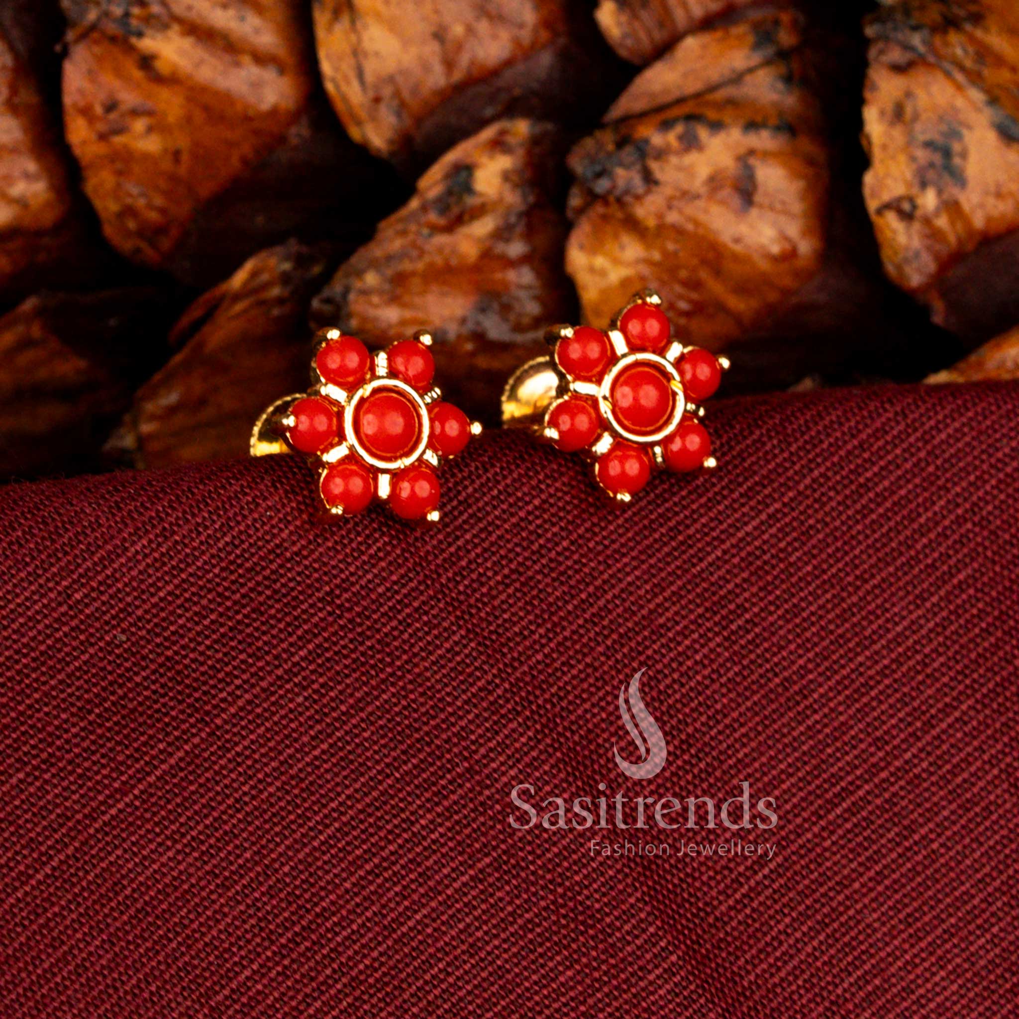 One Gram Micro Gold Plated Traditional Pearl Pavalam Floral Stud Earrings for Temple and Cultural Wear - Image 3