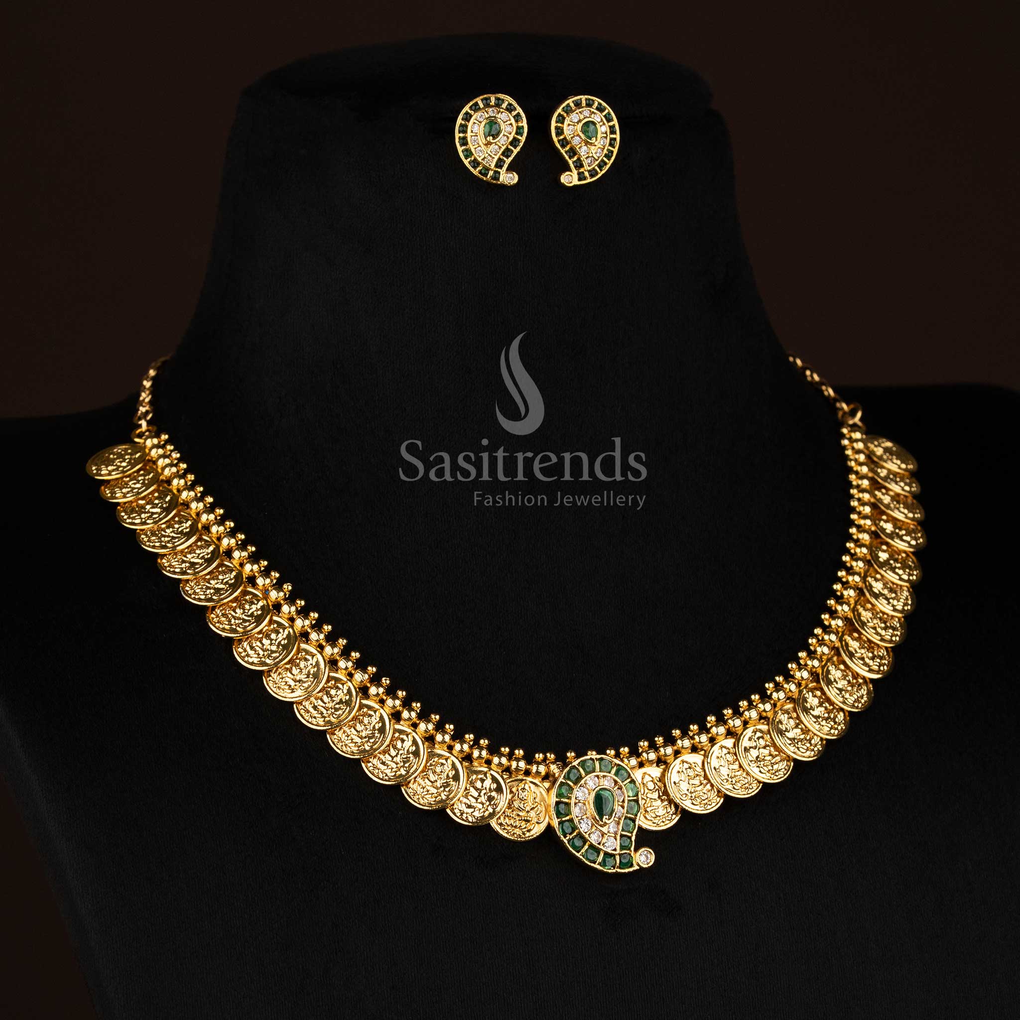 Divine Temple Matte Gold Plated Kemp Lakshmi Coin Paisley Short and Long Necklace Set for Pooja & Traditional Functions - Image 9