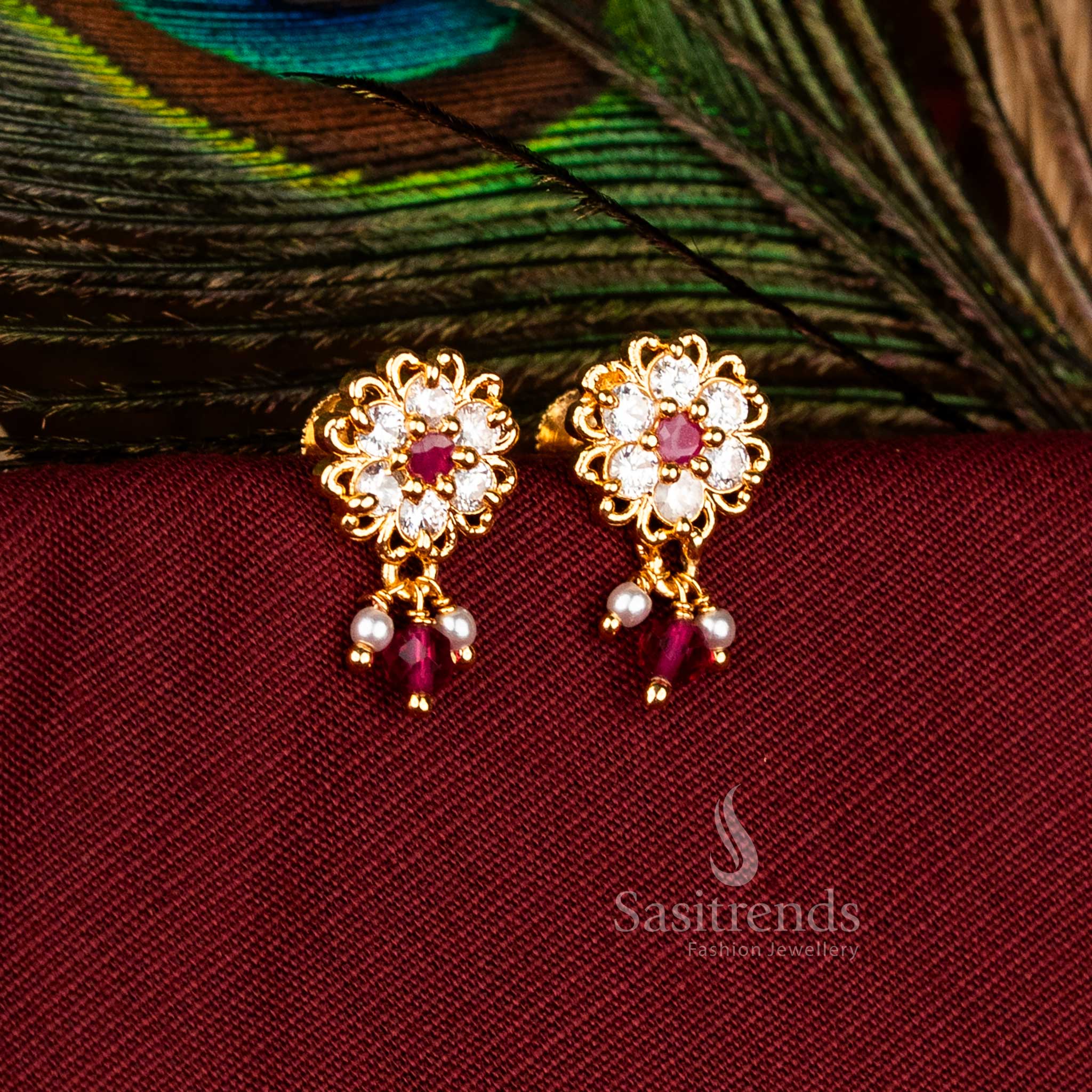 Divine Traditional Micro Gold Plated AD Stylized Lotus Outline Flower Earrings with Mini-Pearl Drops for Festive Wear – Guaranteed - Image 3