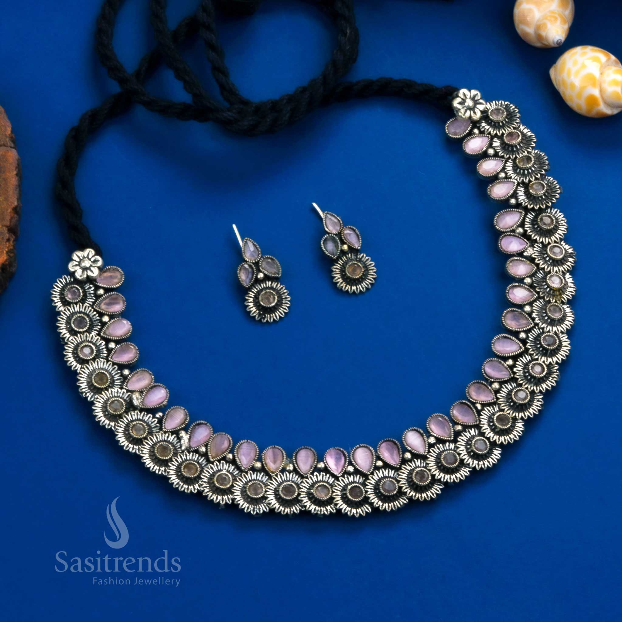 Latest Oxidised Floral Tear Drop Stones Necklace Jewellery Set for Party Wear | Sasitrends - Image 10