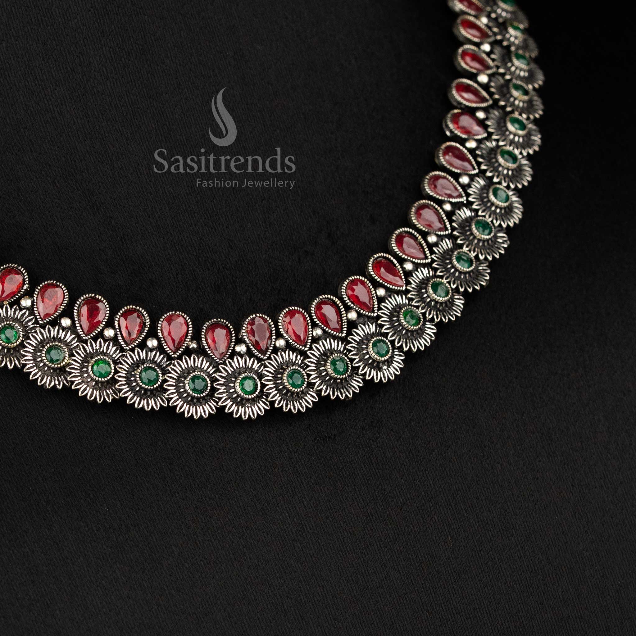 Latest Oxidised Floral Tear Drop Stones Necklace Jewellery Set for Party Wear | Sasitrends - Image 2