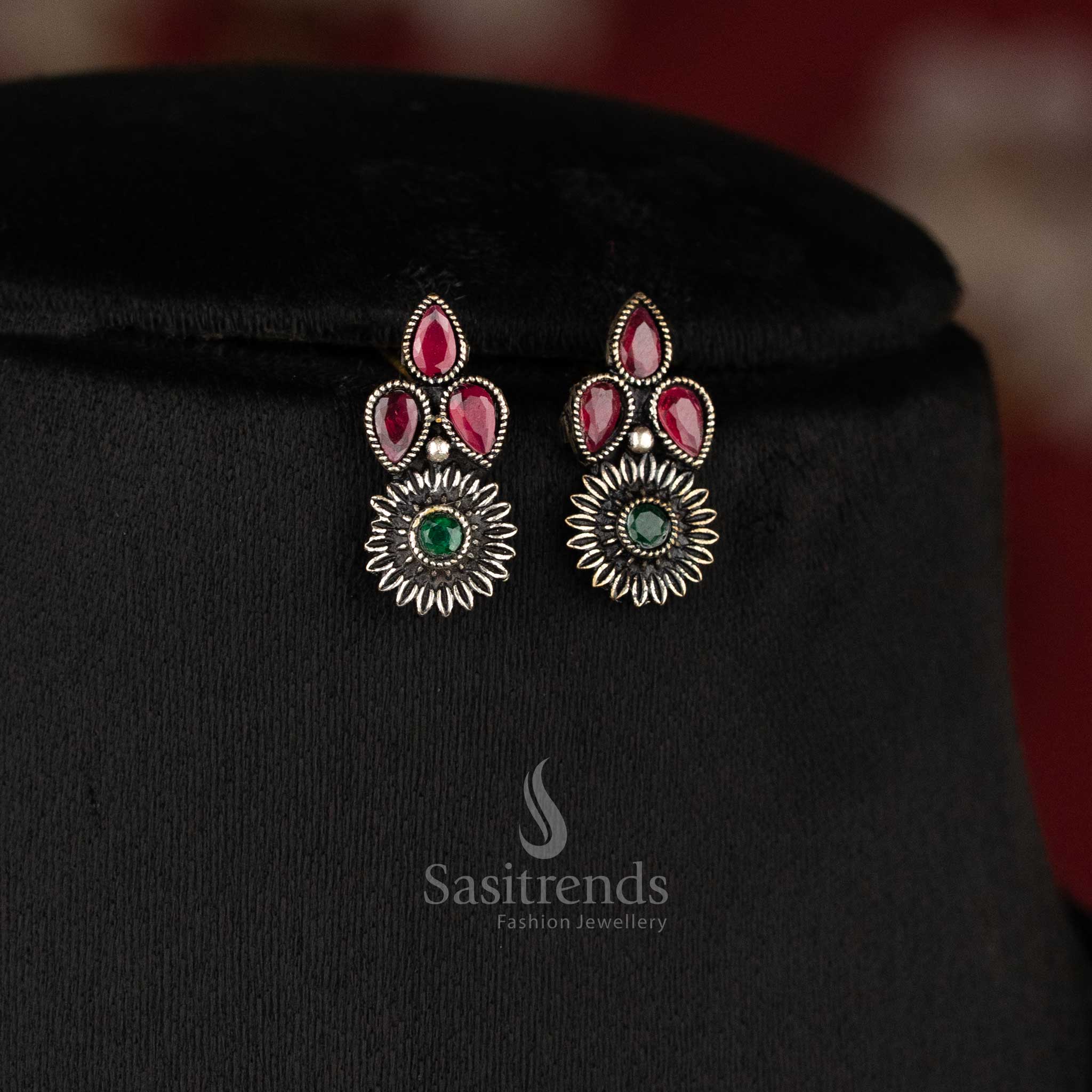 Latest Oxidised Floral Tear Drop Stones Necklace Jewellery Set for Party Wear | Sasitrends - Image 6